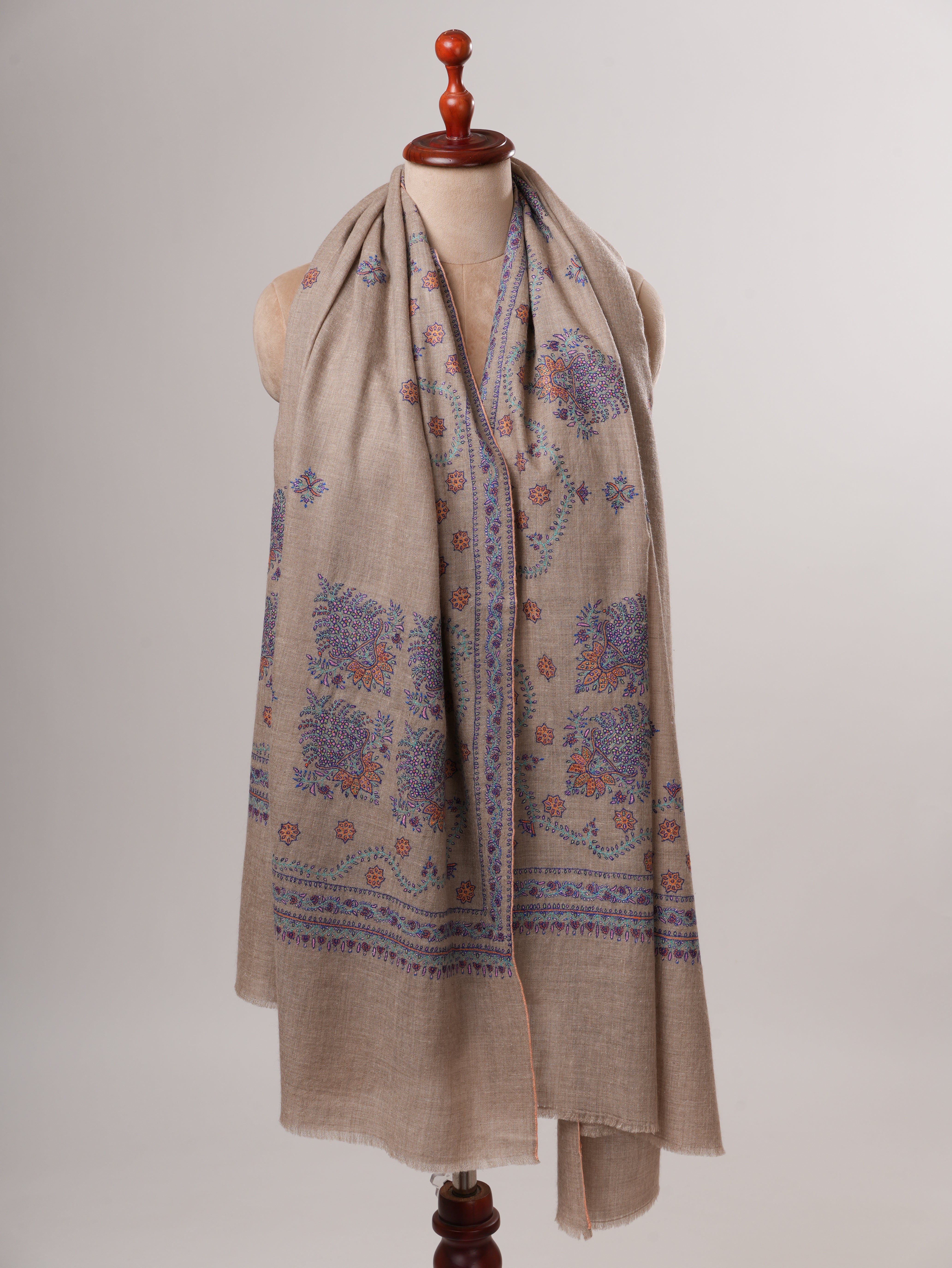 Natural Grey Handloomed Pashmina Shawl with Buteh Embroidery Shahkaar