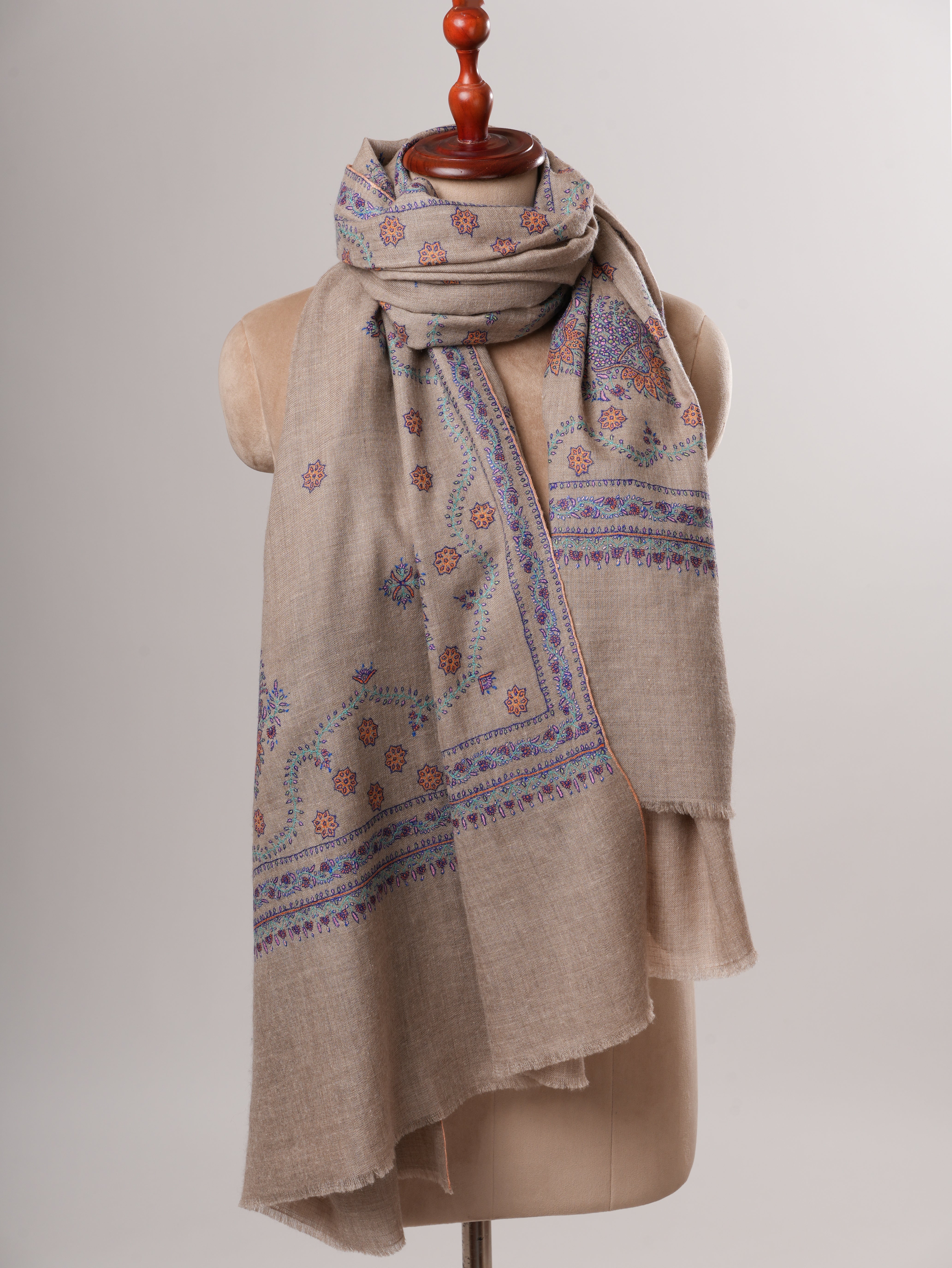Natural Grey Handloomed Pashmina Shawl with Buteh Embroidery Shahkaar