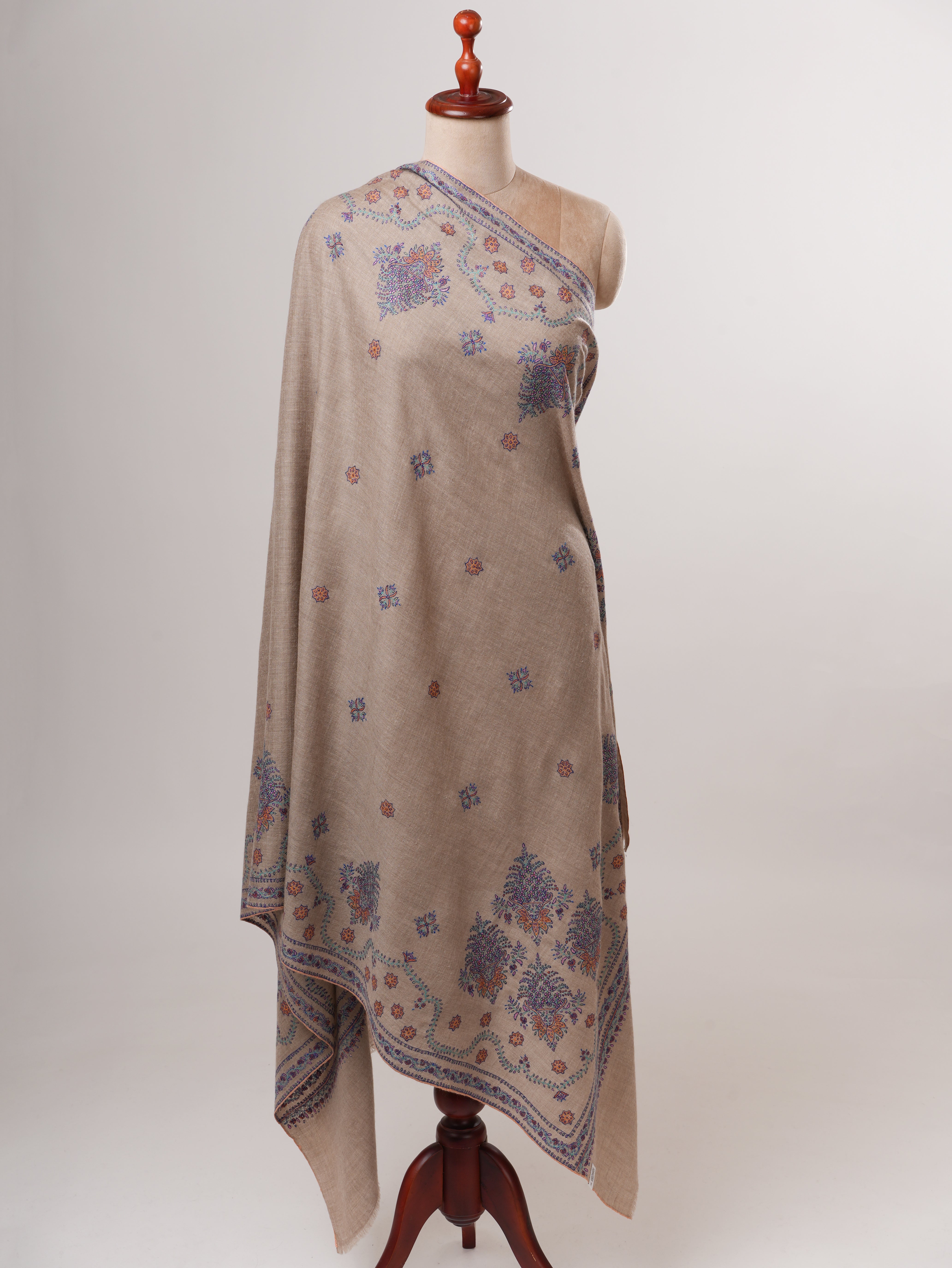 Natural Grey Handloomed Pashmina Shawl with Buteh Embroidery Shahkaar