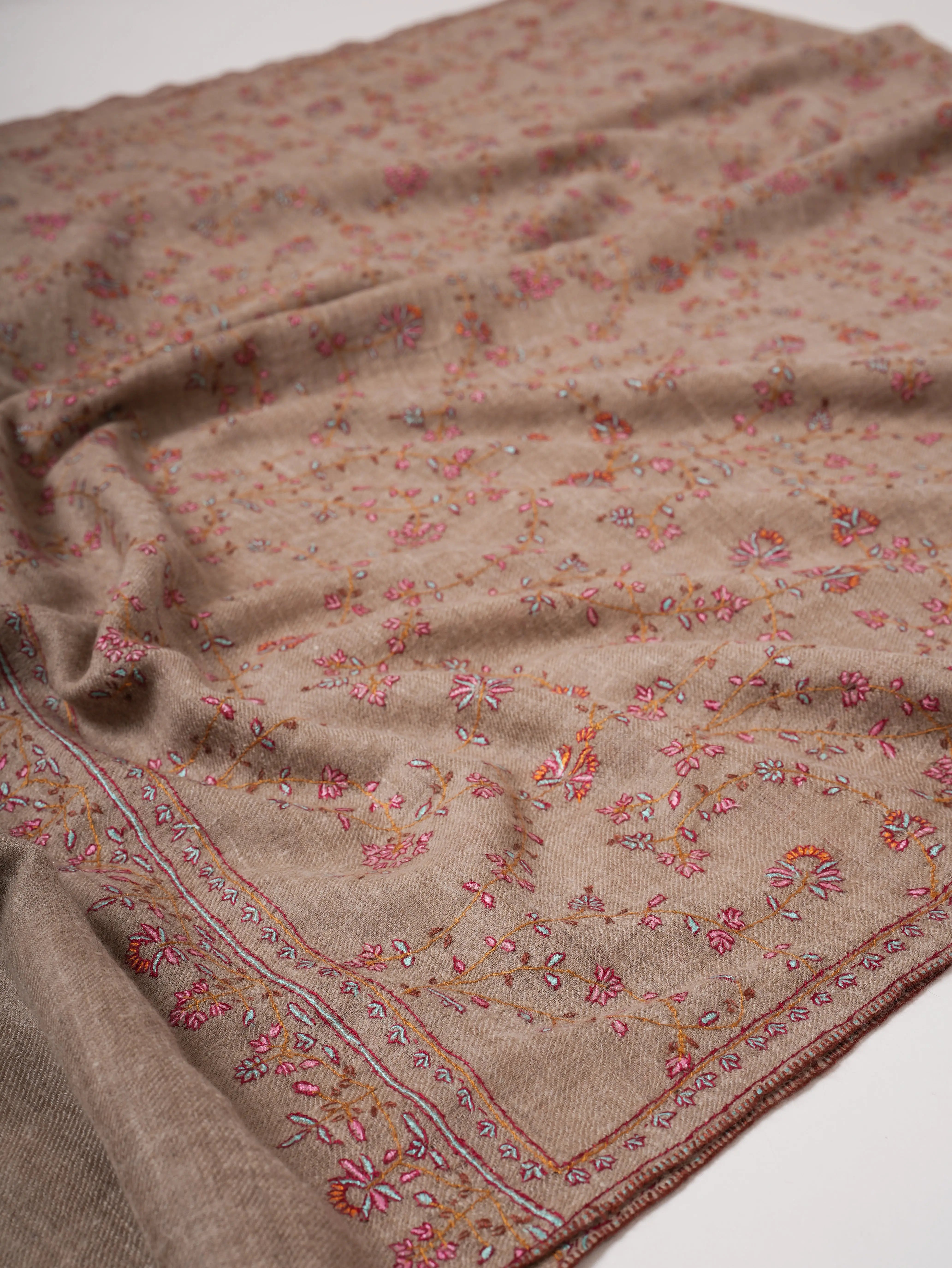 Natural Grey Baby Soft Pashmina Shawl with Fine Hand Embroidery Shahkaar