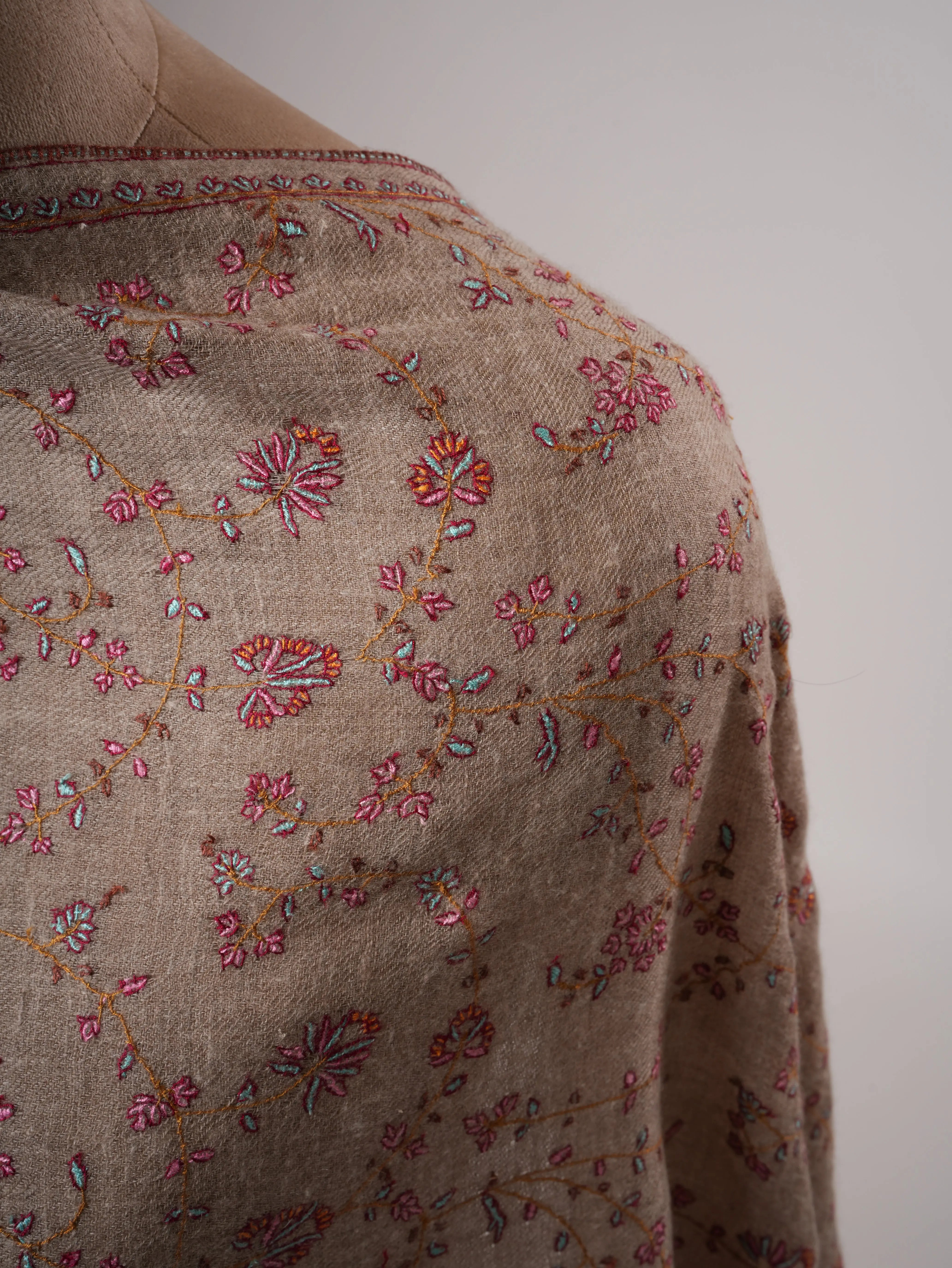 Natural Grey Baby Soft Pashmina Shawl with Fine Hand Embroidery Shahkaar