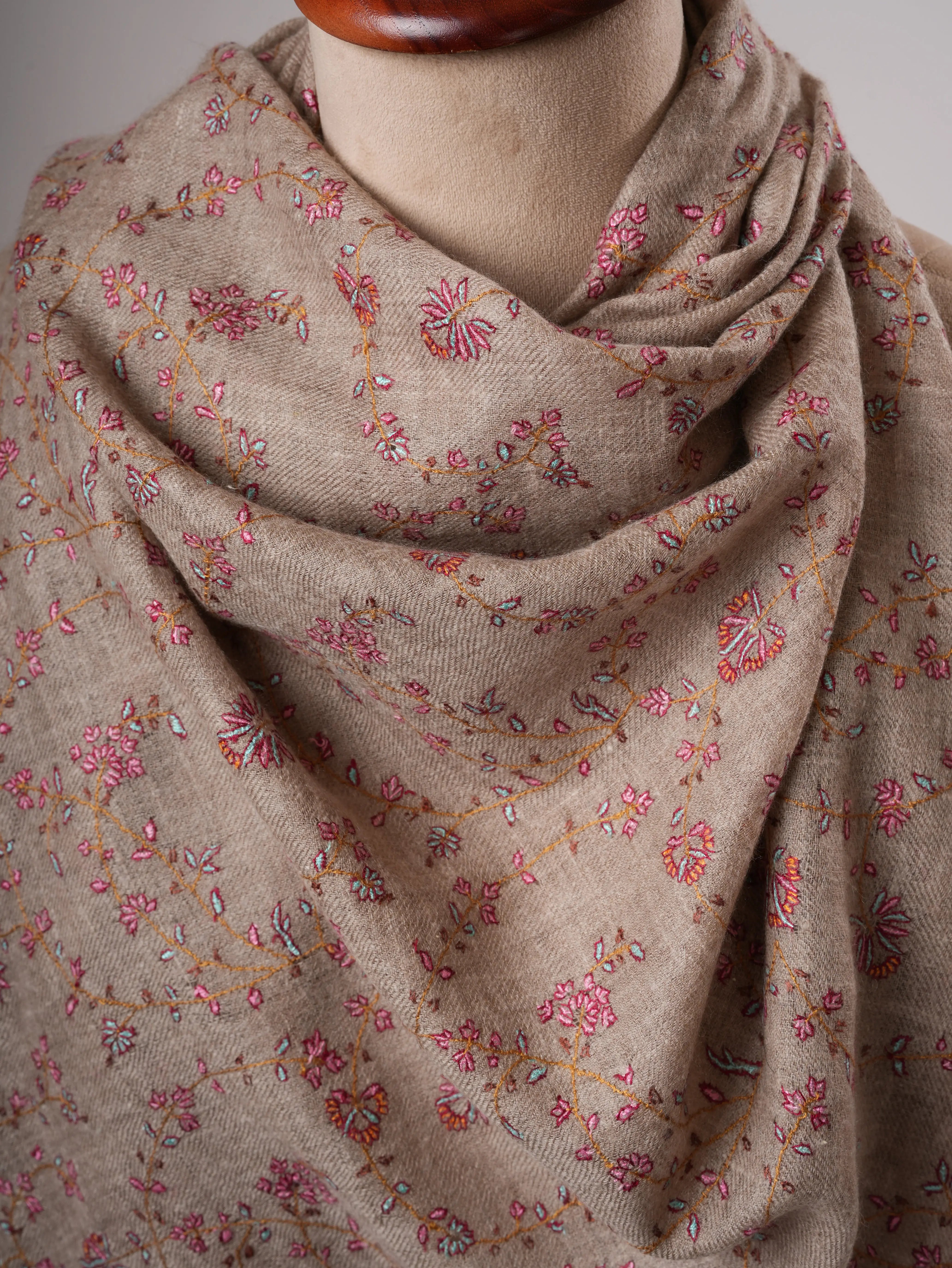 Natural Grey Baby Soft Pashmina Shawl with Fine Hand Embroidery Shahkaar