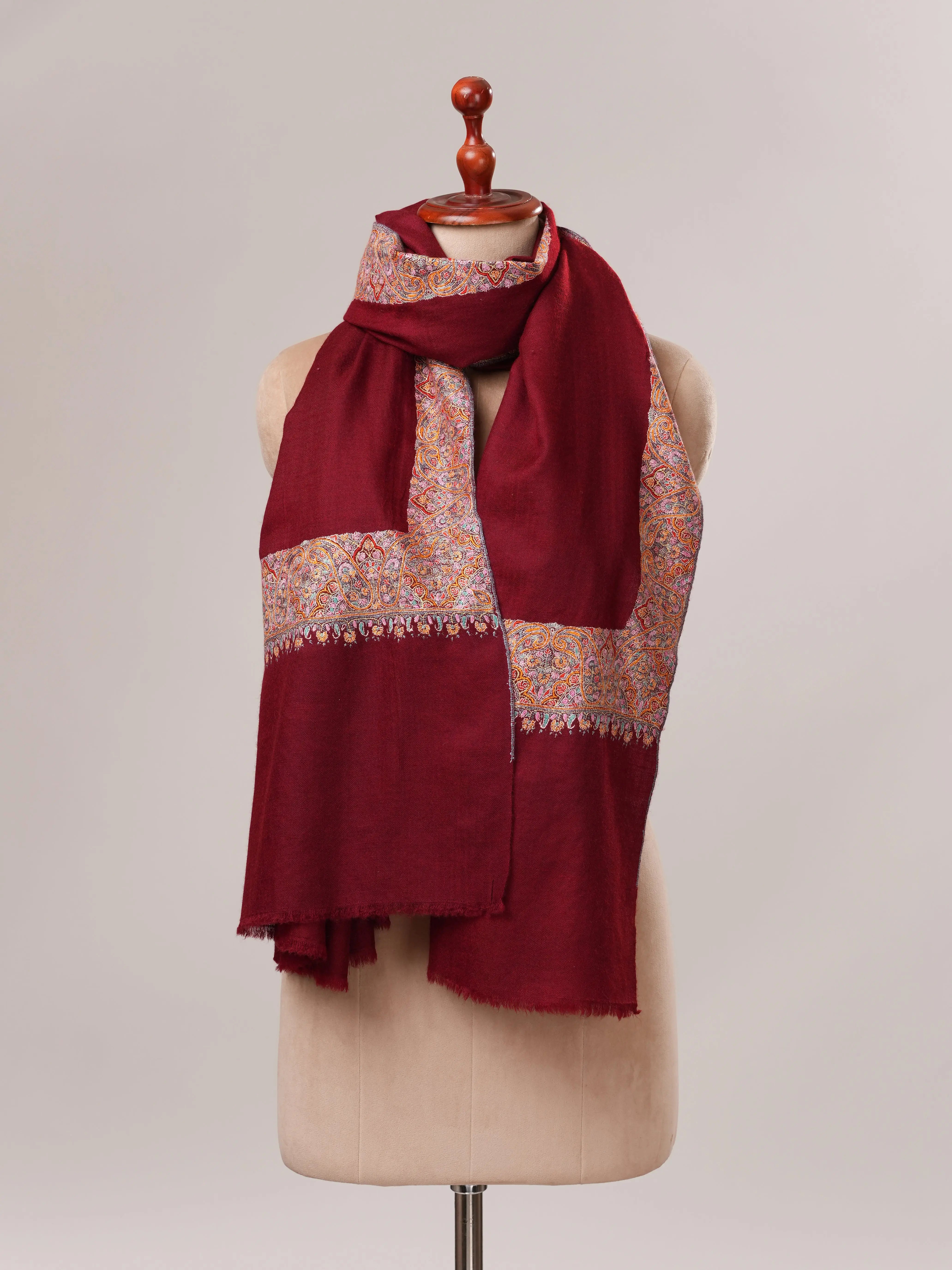 Maroon Daurdar Hand Embroidered Pure Pashmina Shawl Shahkaar.com