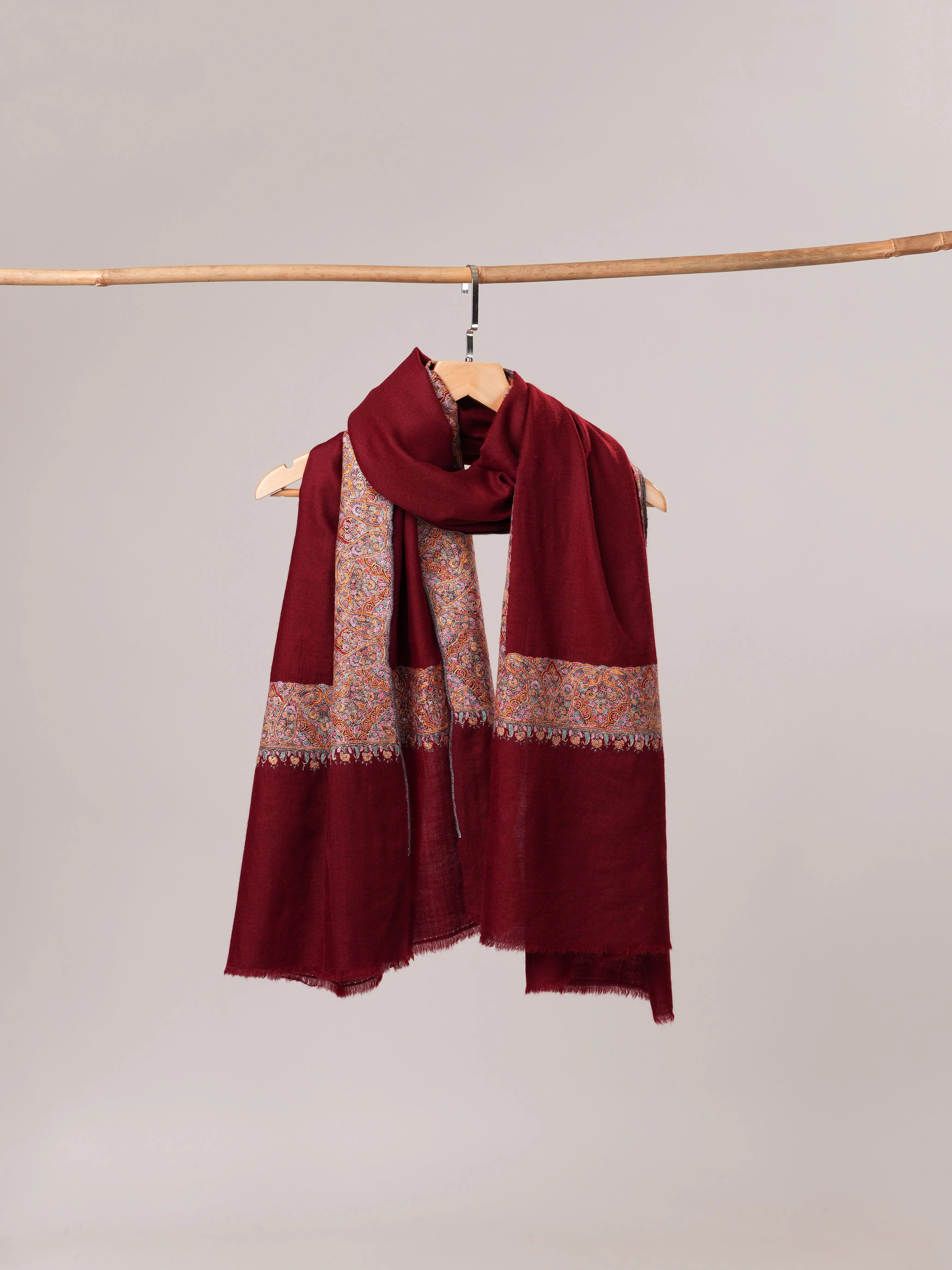 Maroon Daurdar Hand Embroidered Pure Pashmina Shawl Shahkaar.com