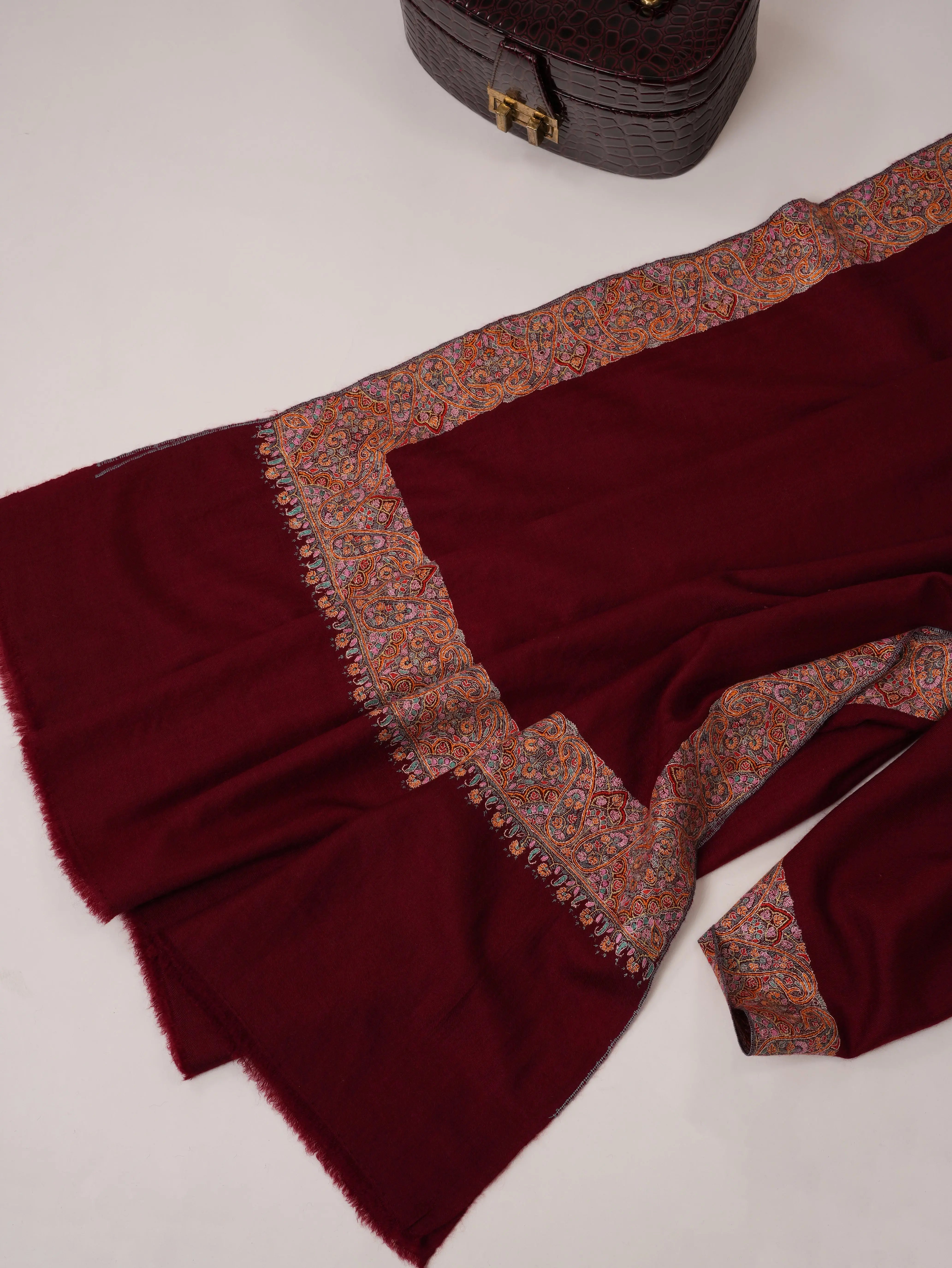 Maroon Daurdar Hand Embroidered Pure Pashmina Shawl Shahkaar.com
