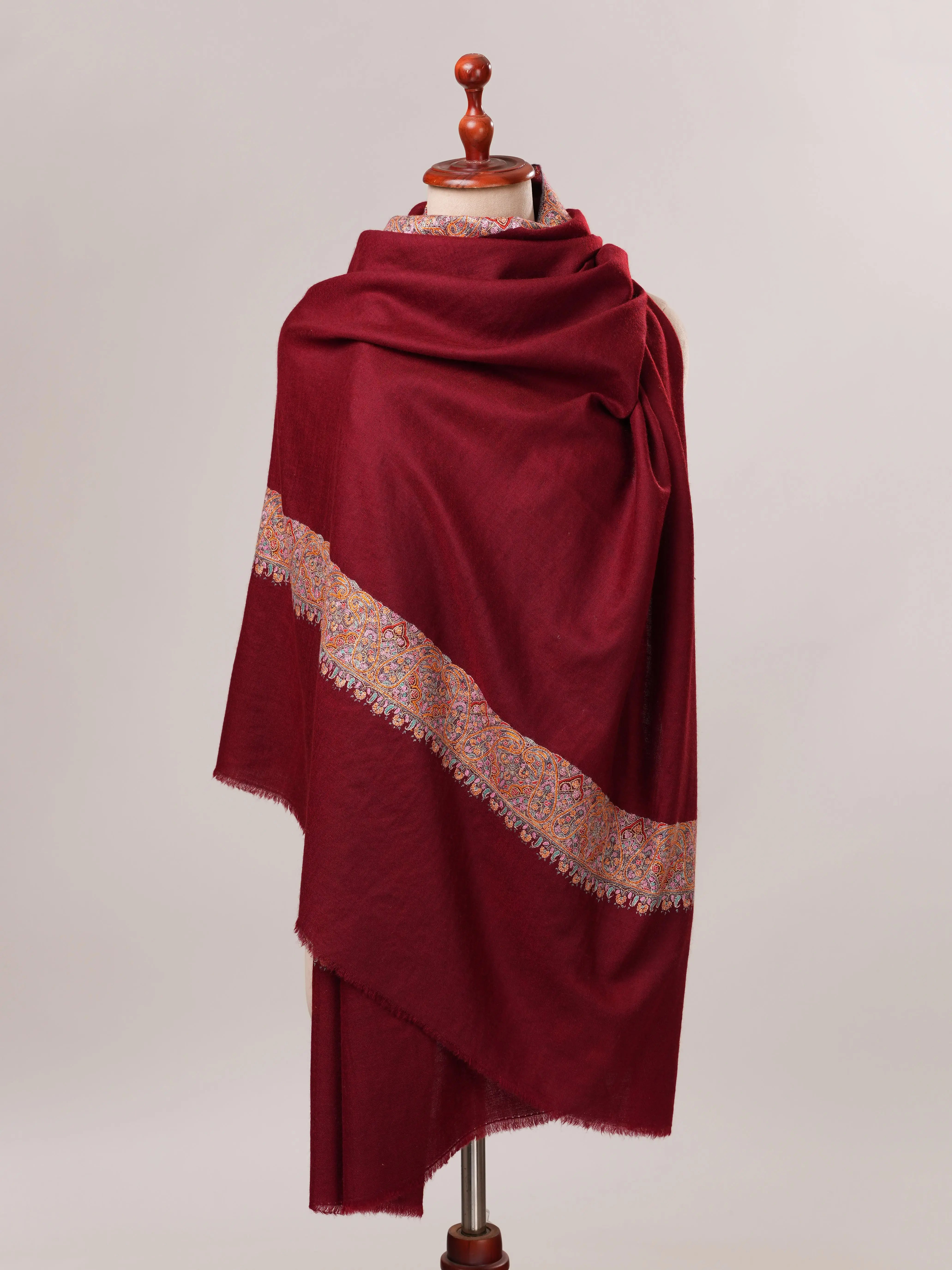 Maroon Daurdar Hand Embroidered Pure Pashmina Shawl Shahkaar.com