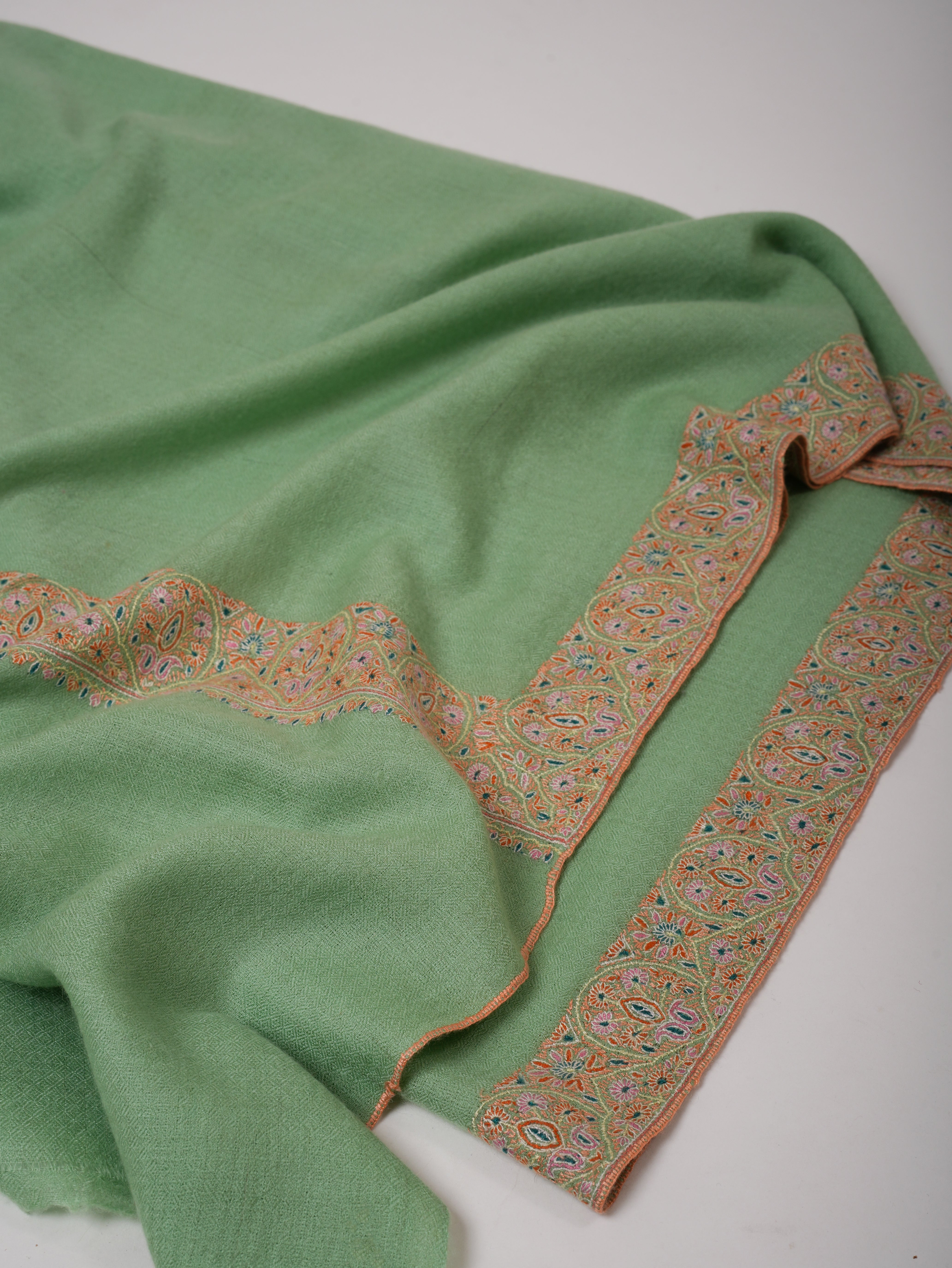 Light Green Neemdaur Fine Embroidered Pashmina Shawl – Luxury Kashmiri Wrap