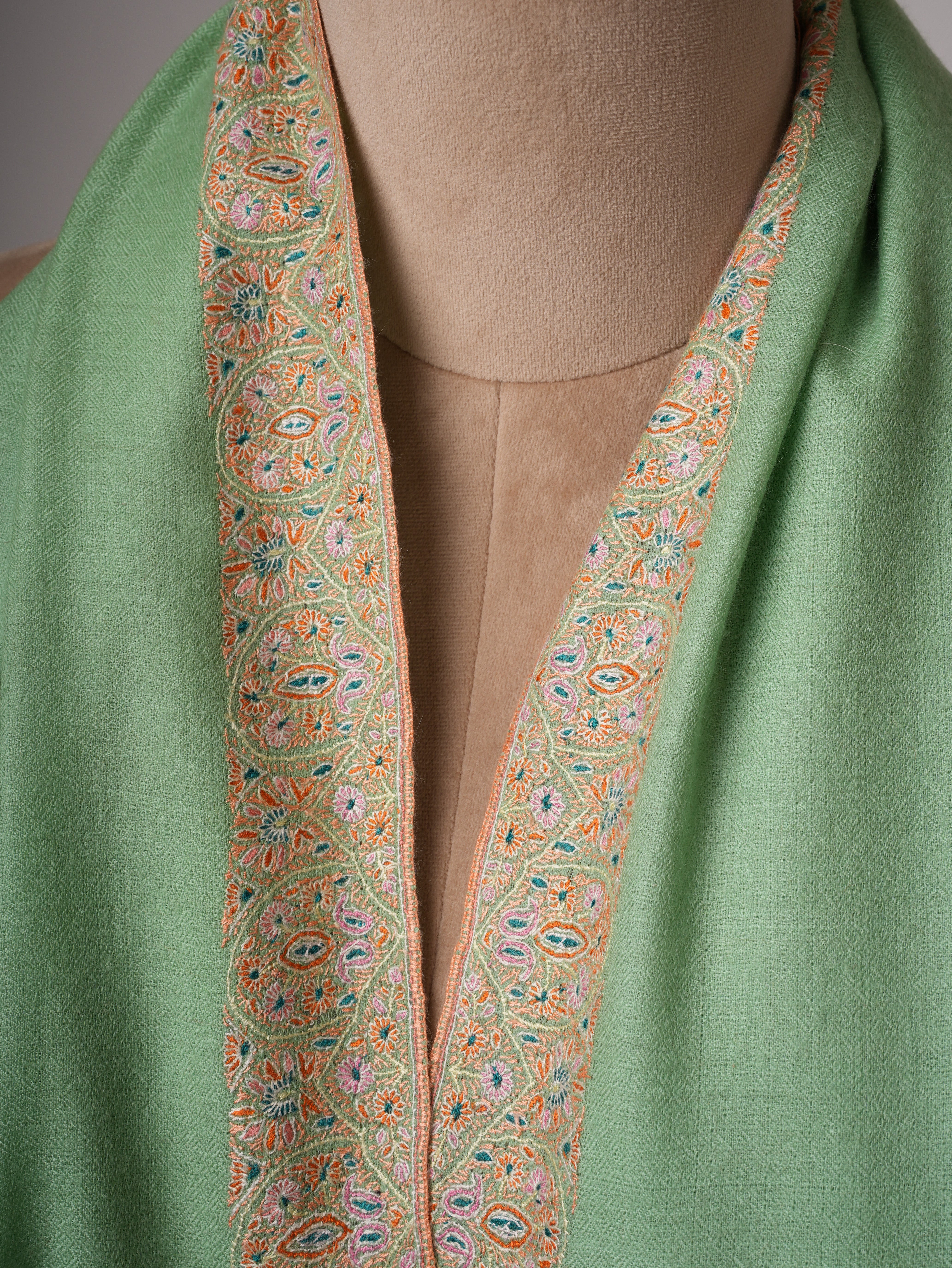 Light Green Neemdaur Fine Embroidered Pashmina Shawl – Luxury Kashmiri Wrap