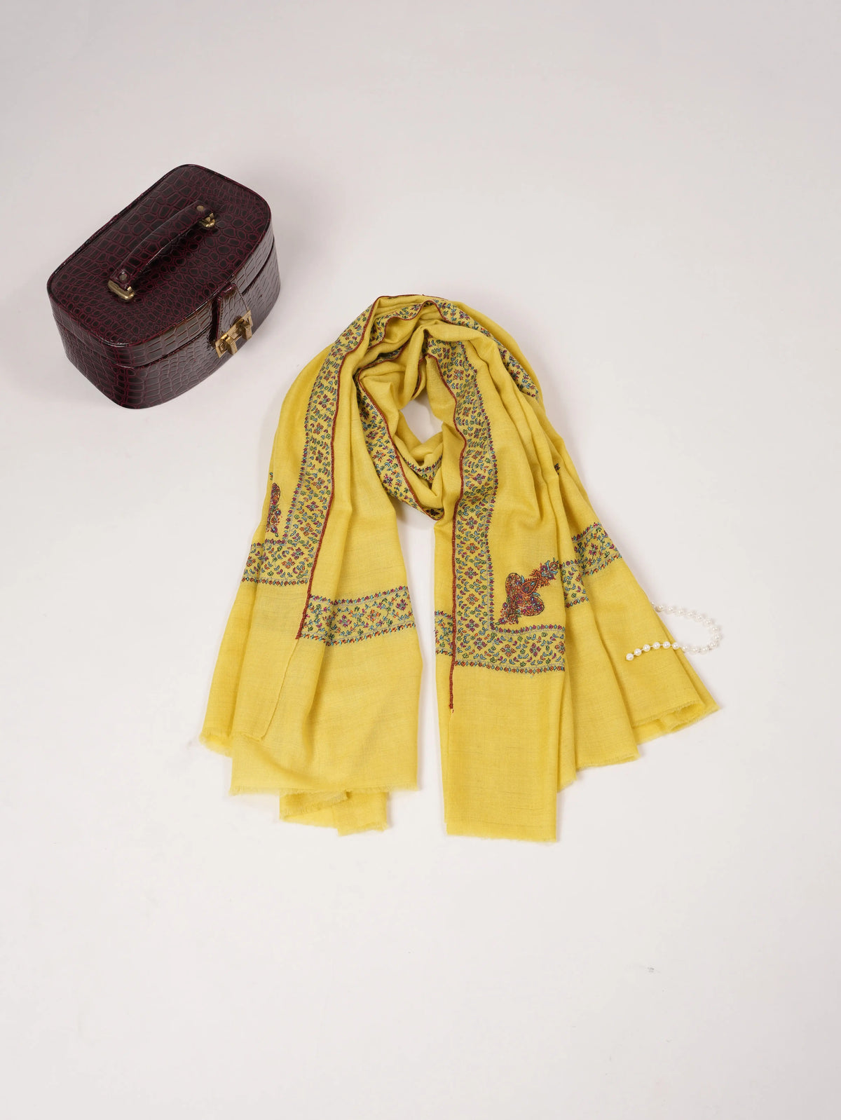 Lemon Yellow Handwoven Pashmina Shawl with Hand Embroidery Shahkaar.com