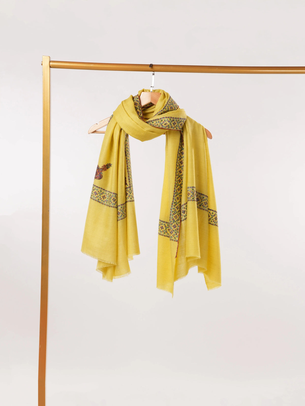 Lemon Yellow Handwoven Pashmina Shawl with Hand Embroidery Shahkaar.com