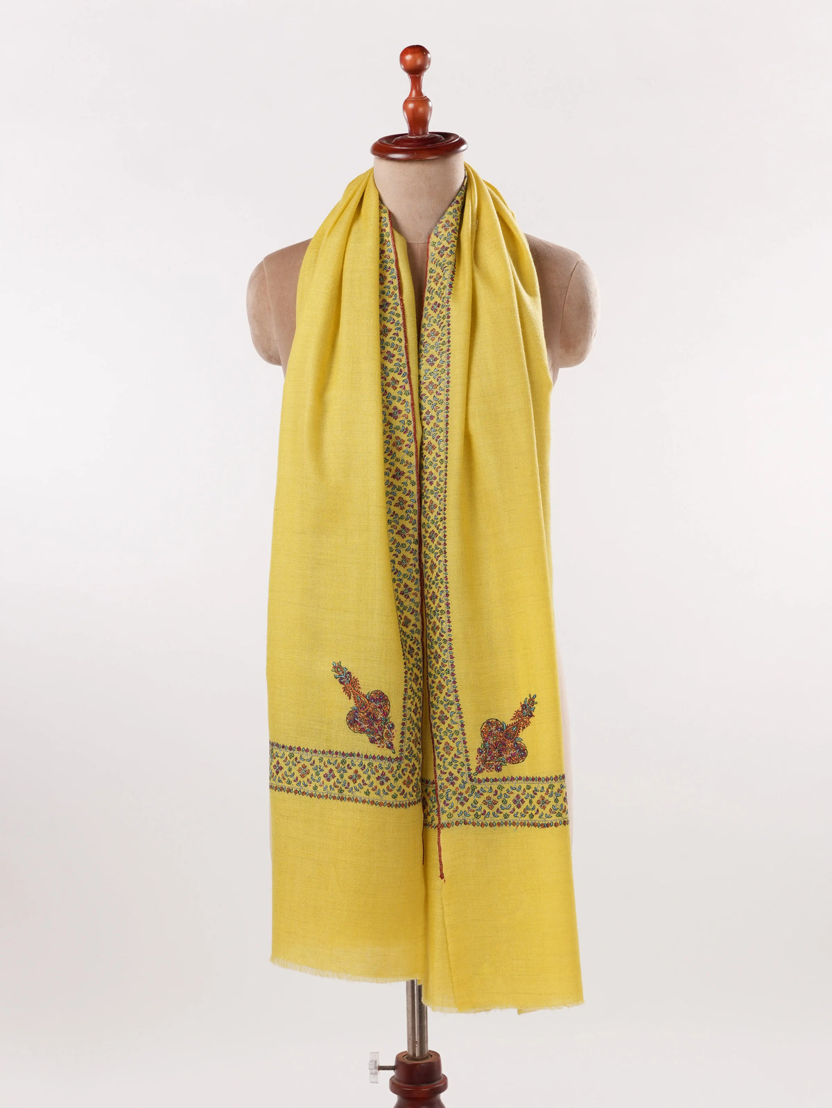 Lemon Yellow Handwoven Pashmina Shawl with Hand Embroidery Shahkaar.com