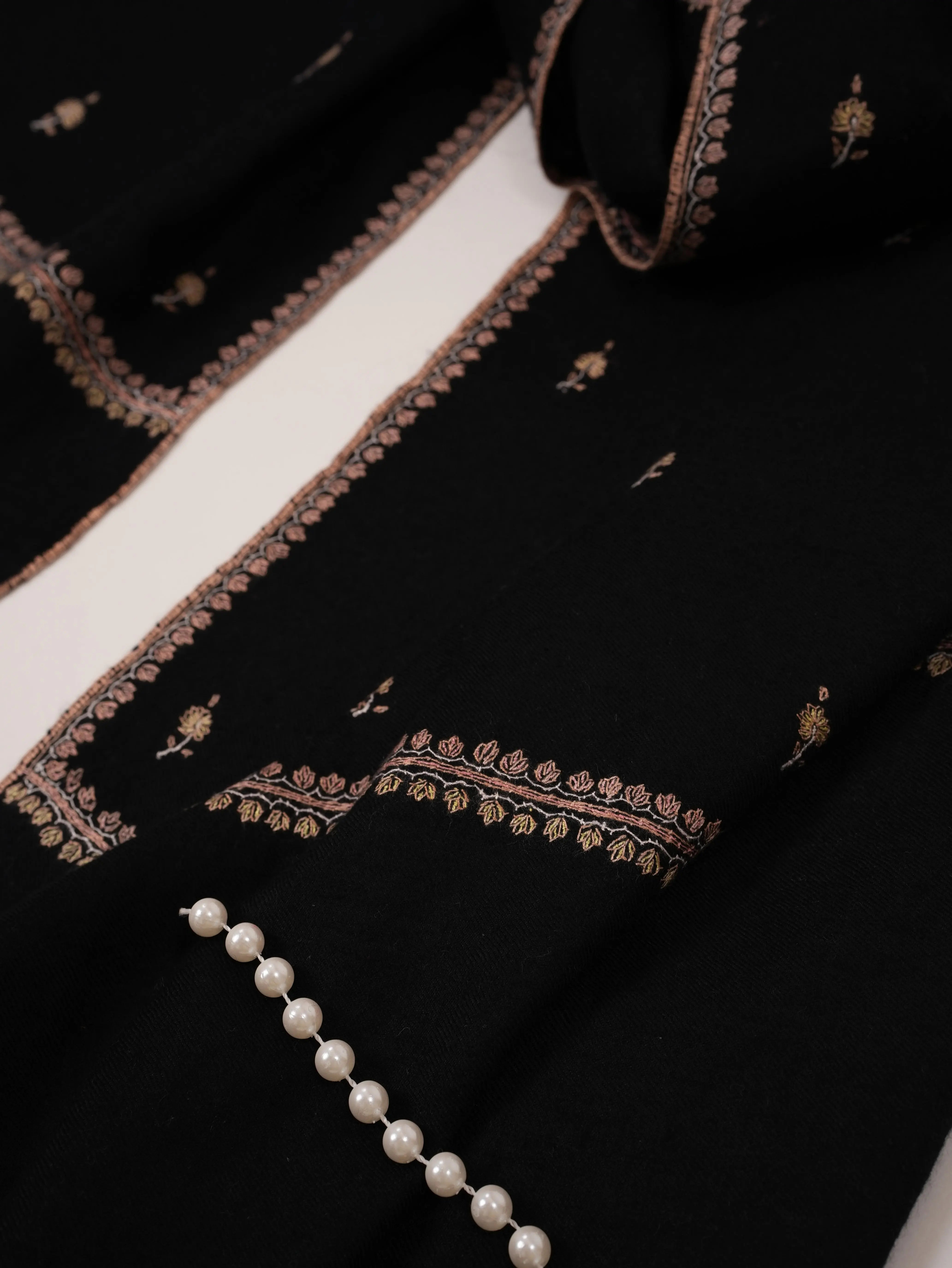 Black Machie Booti Hand Embroidered Pure Cashmere Scarf Shahkaar.com