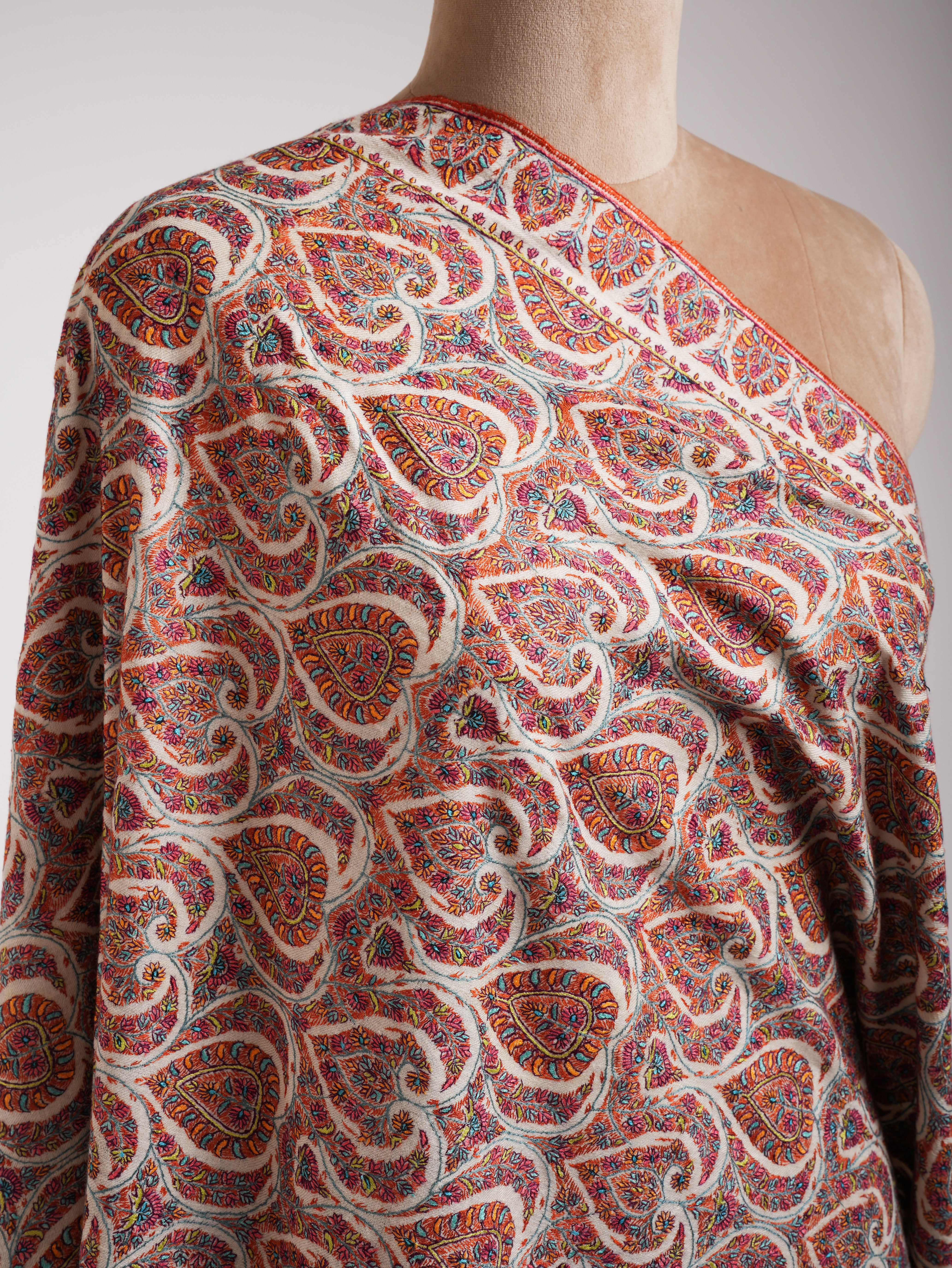 Hand Sozni Embroidered White Pashmina Jamavar Shawl