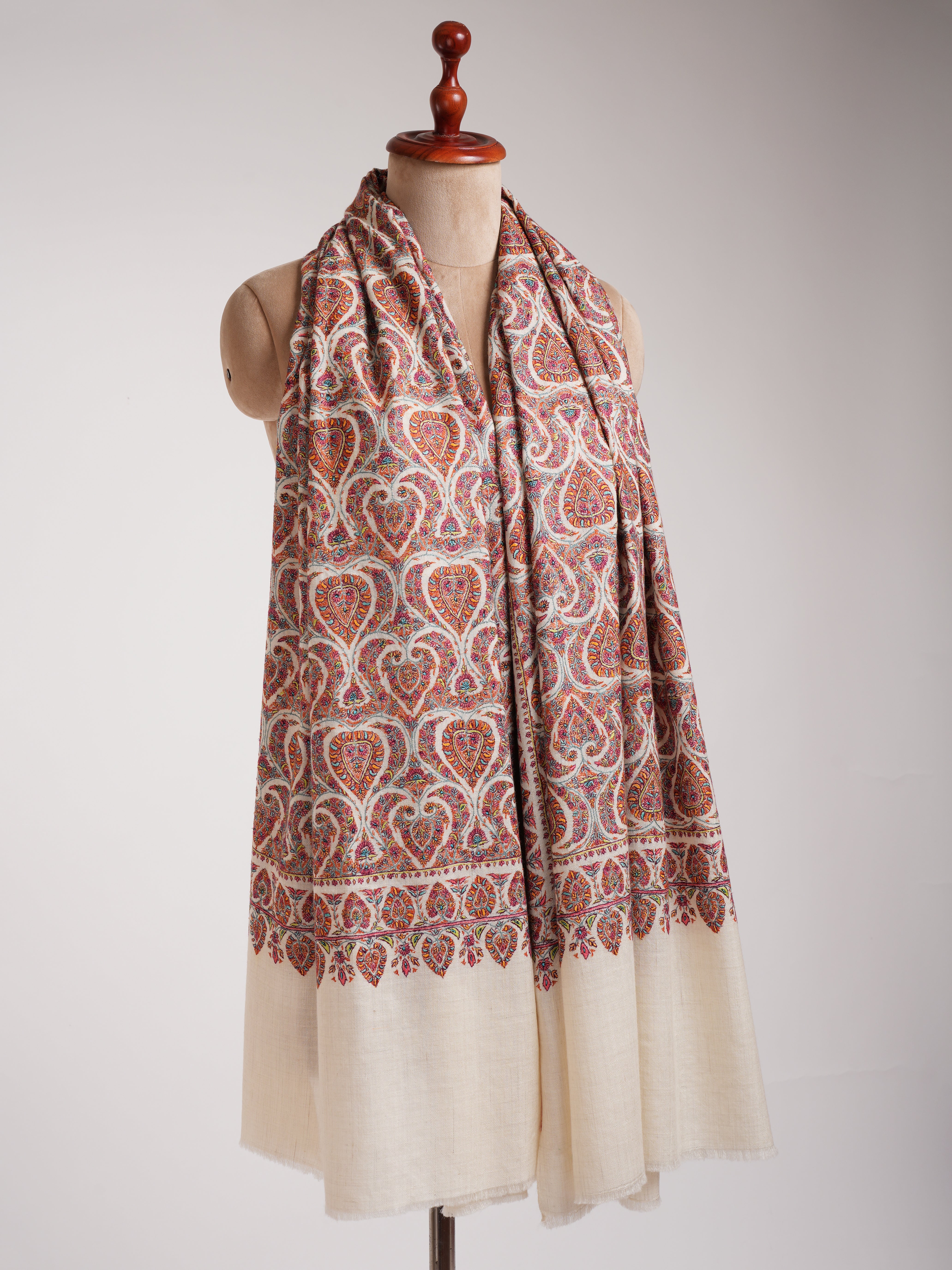 Hand Sozni Embroidered White Pashmina Jamavar Shawl