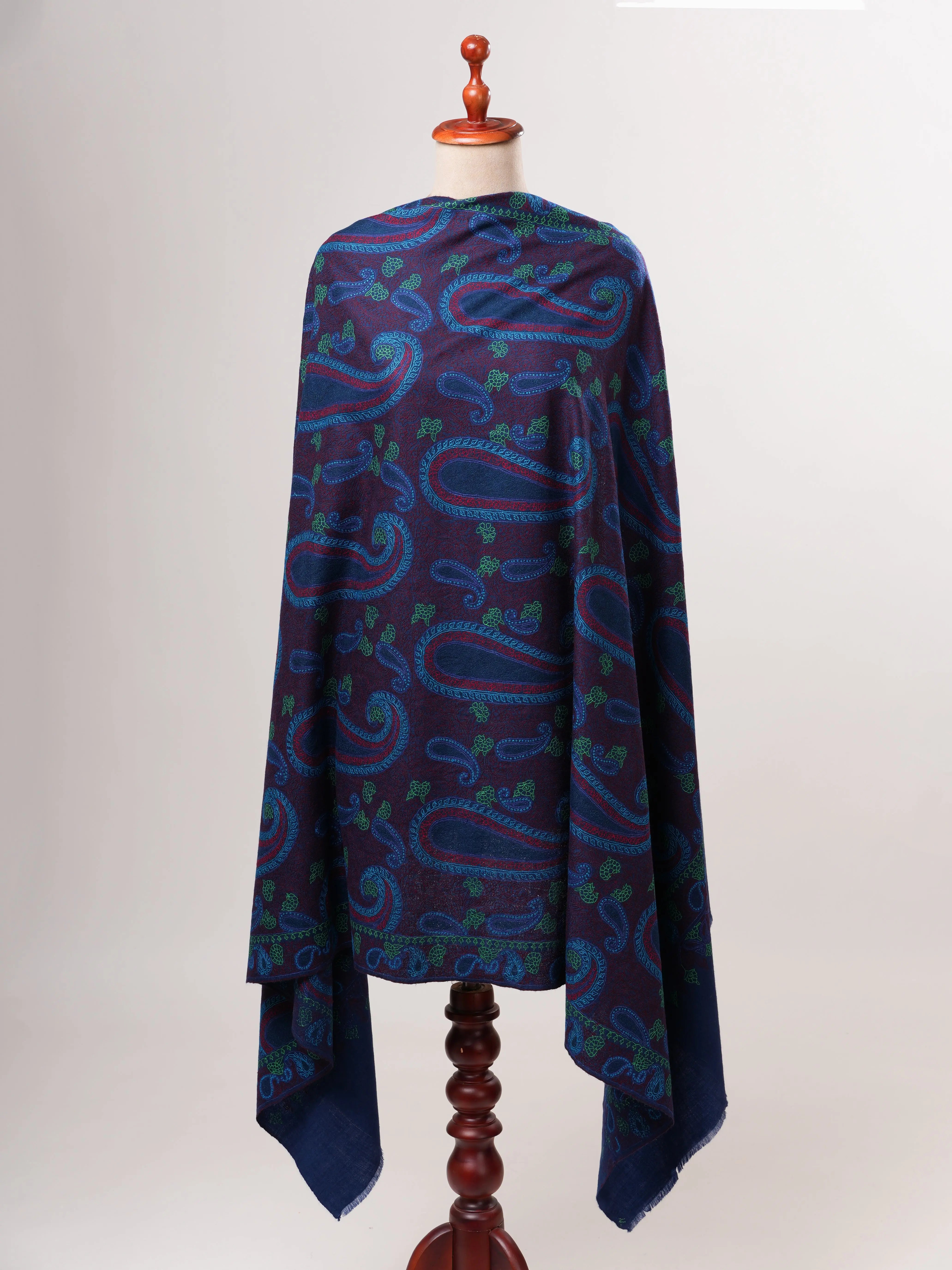 Dark Blue Hand Embroidered Authentic Kashmiri Pashmina Shahkaar
