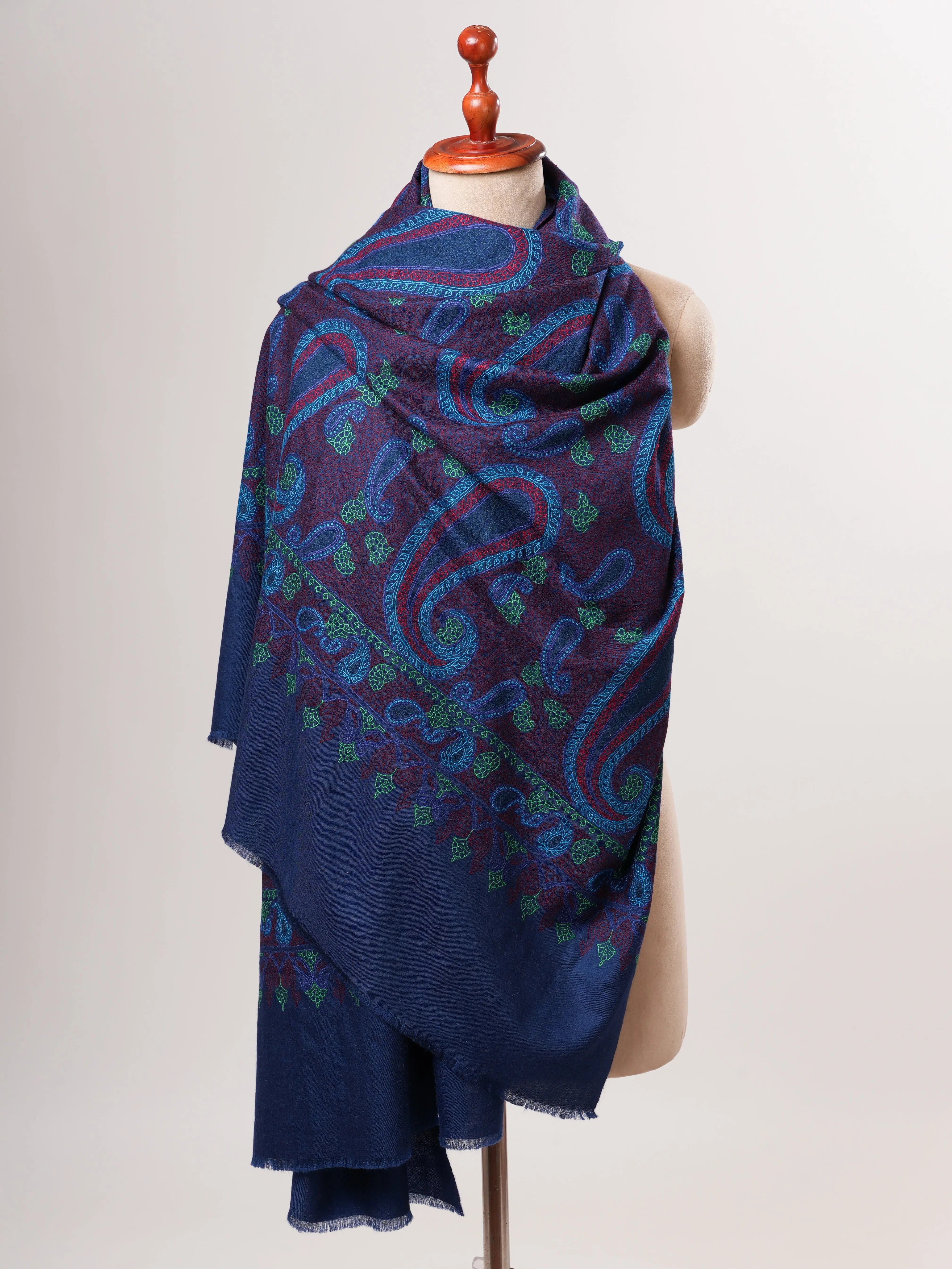 Dark Blue Hand Embroidered Authentic Kashmiri Pashmina Shahkaar