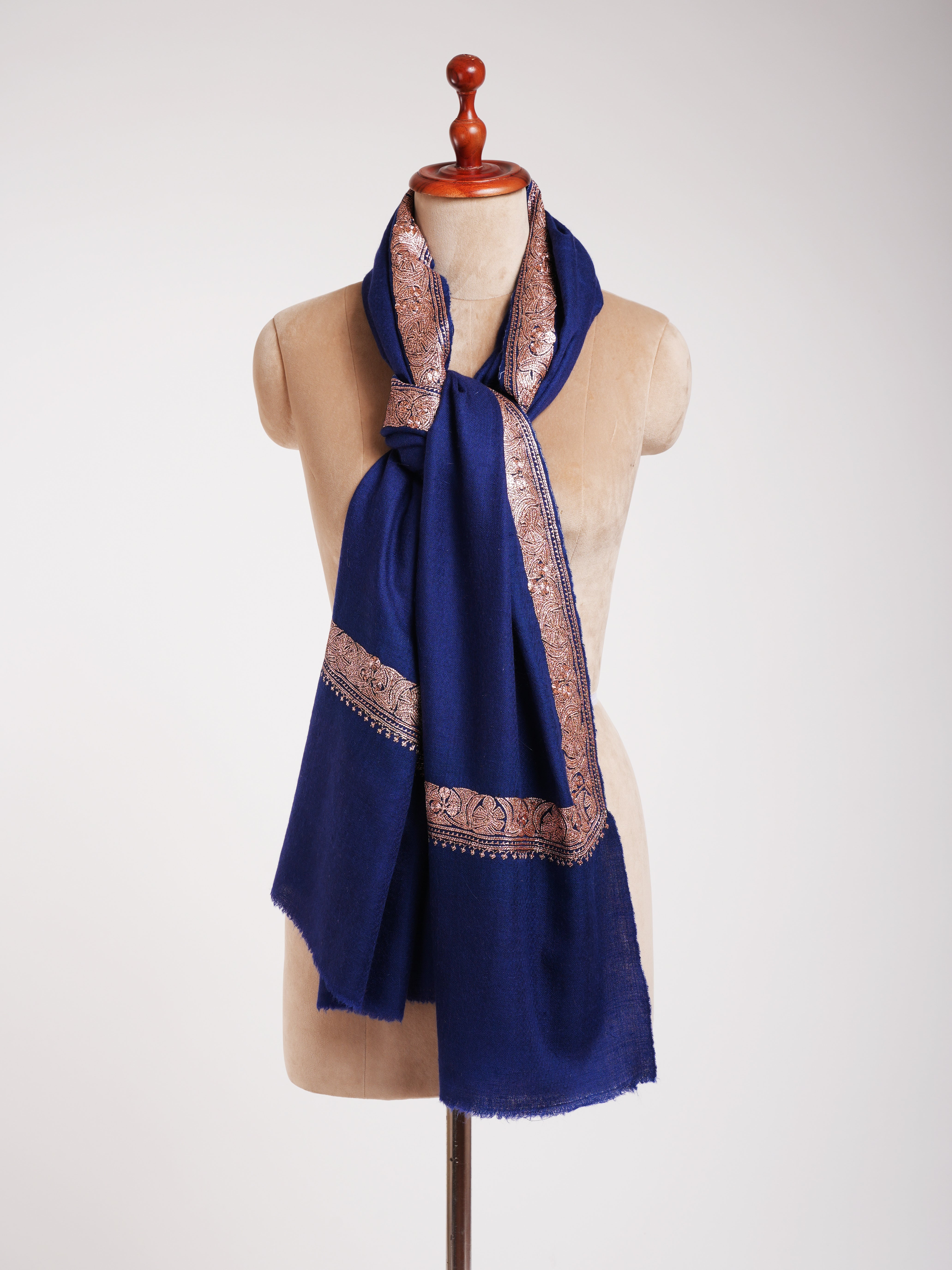 Navy Blue Pashmina Shawl Copper Tilla Work - Shahkaar