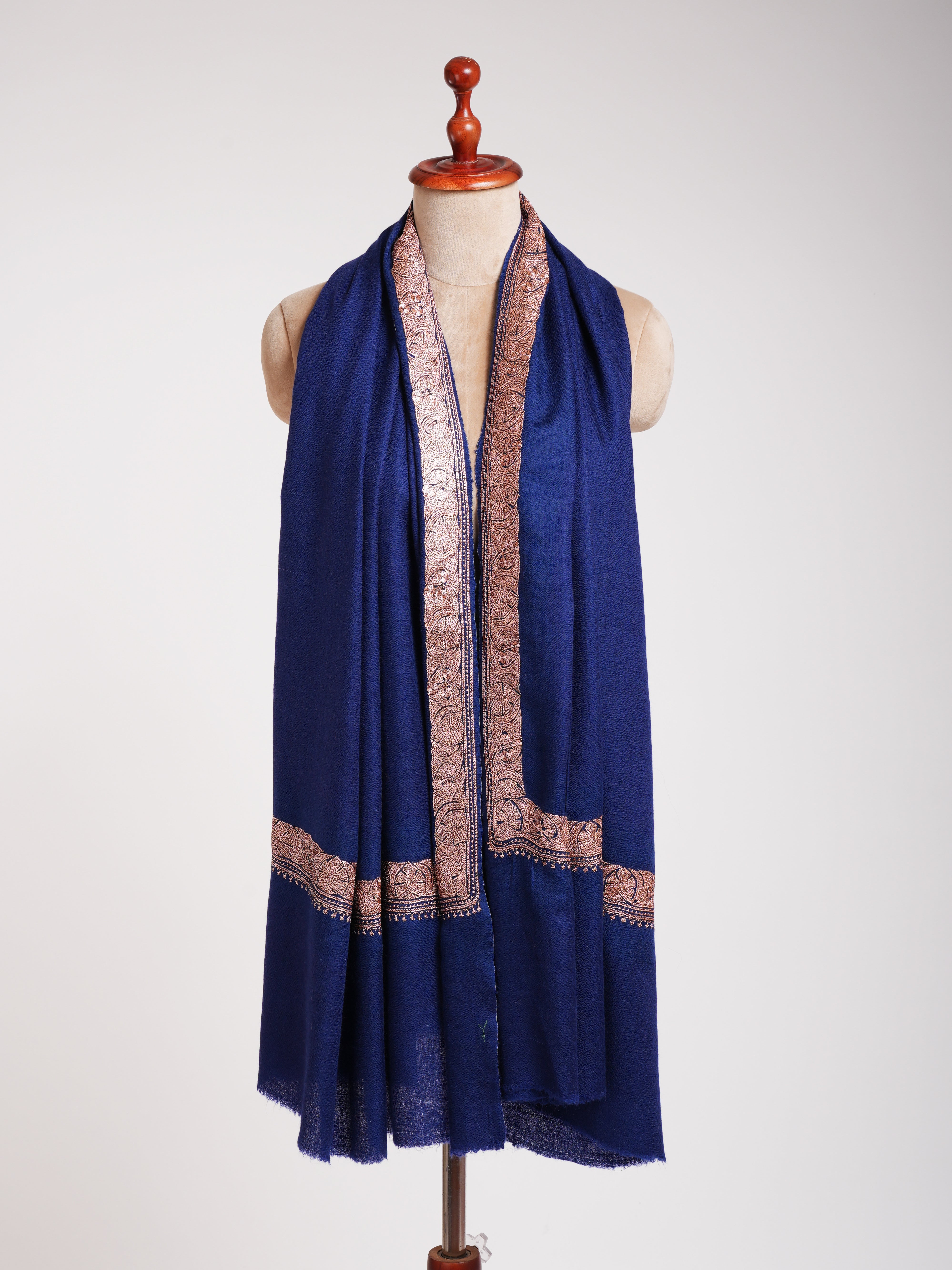 Navy Blue Pashmina Shawl Copper Tilla Work - Shahkaar