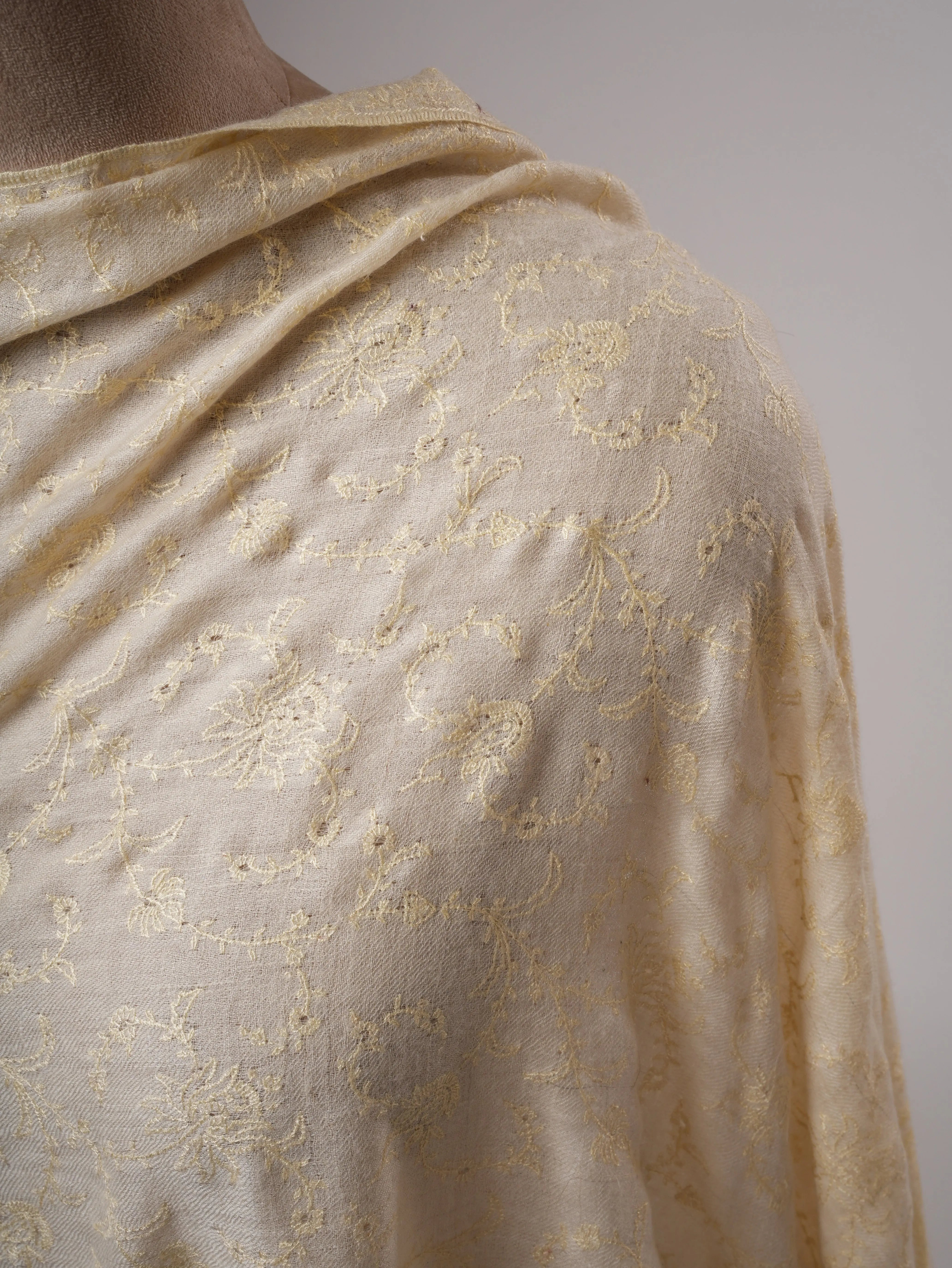 Natural Ivory Handwoven Shahkaar Pashmina Shawl with Fine Embroidery Shahkaar
