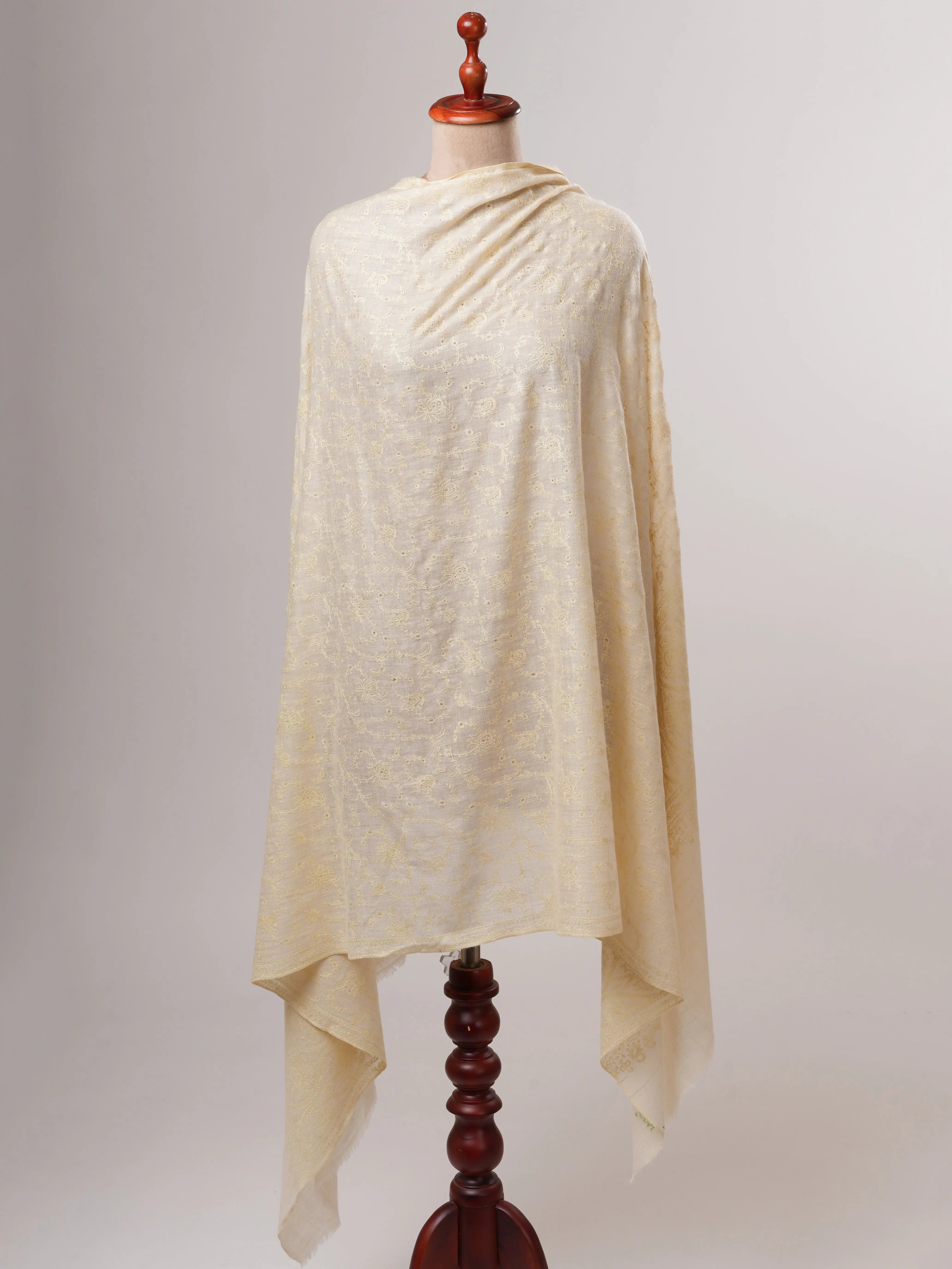 Natural Ivory Handwoven Shahkaar Pashmina Shawl with Fine Embroidery Shahkaar