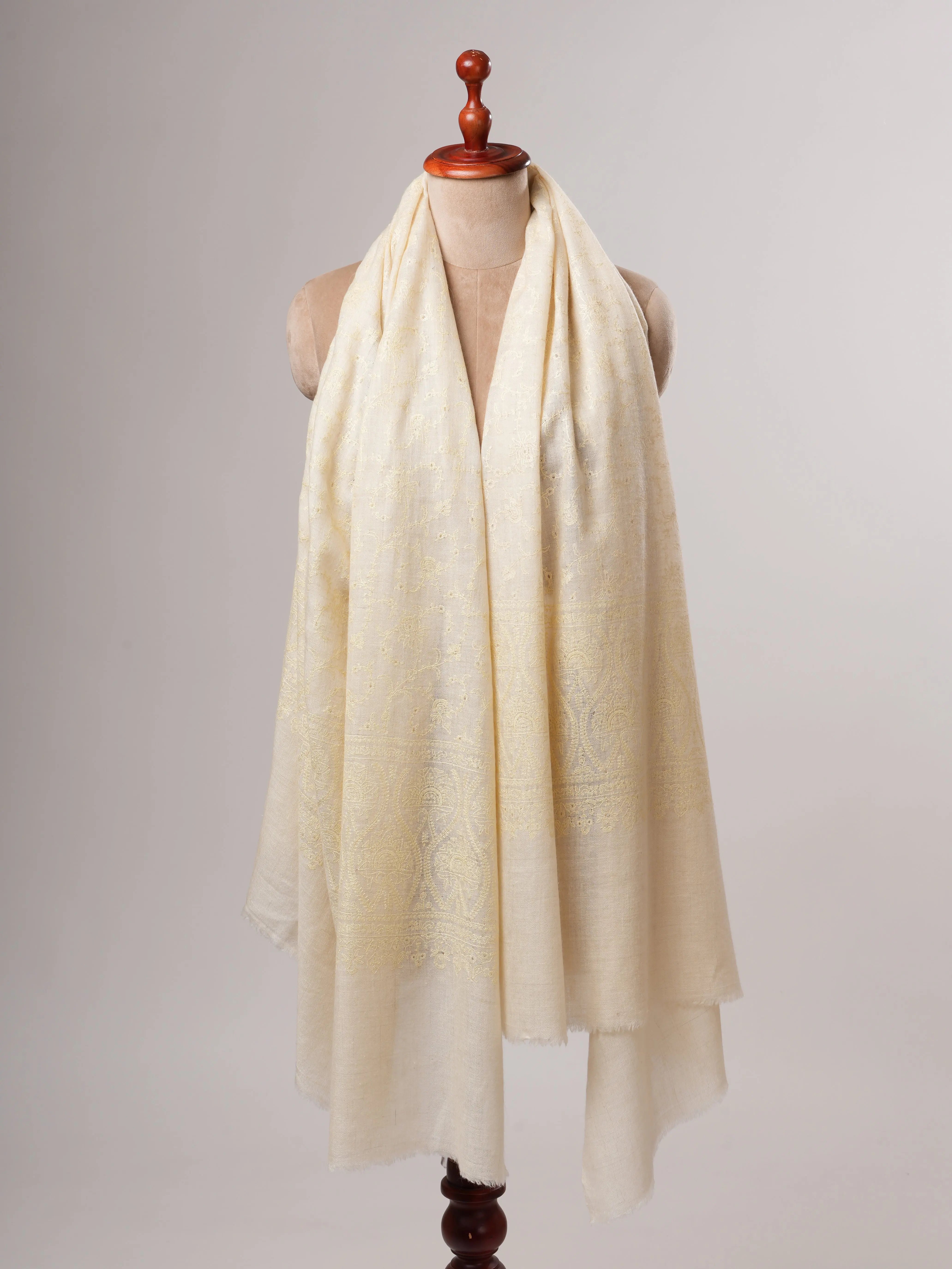 Natural Ivory Handwoven Shahkaar Pashmina Shawl with Fine Embroidery Shahkaar
