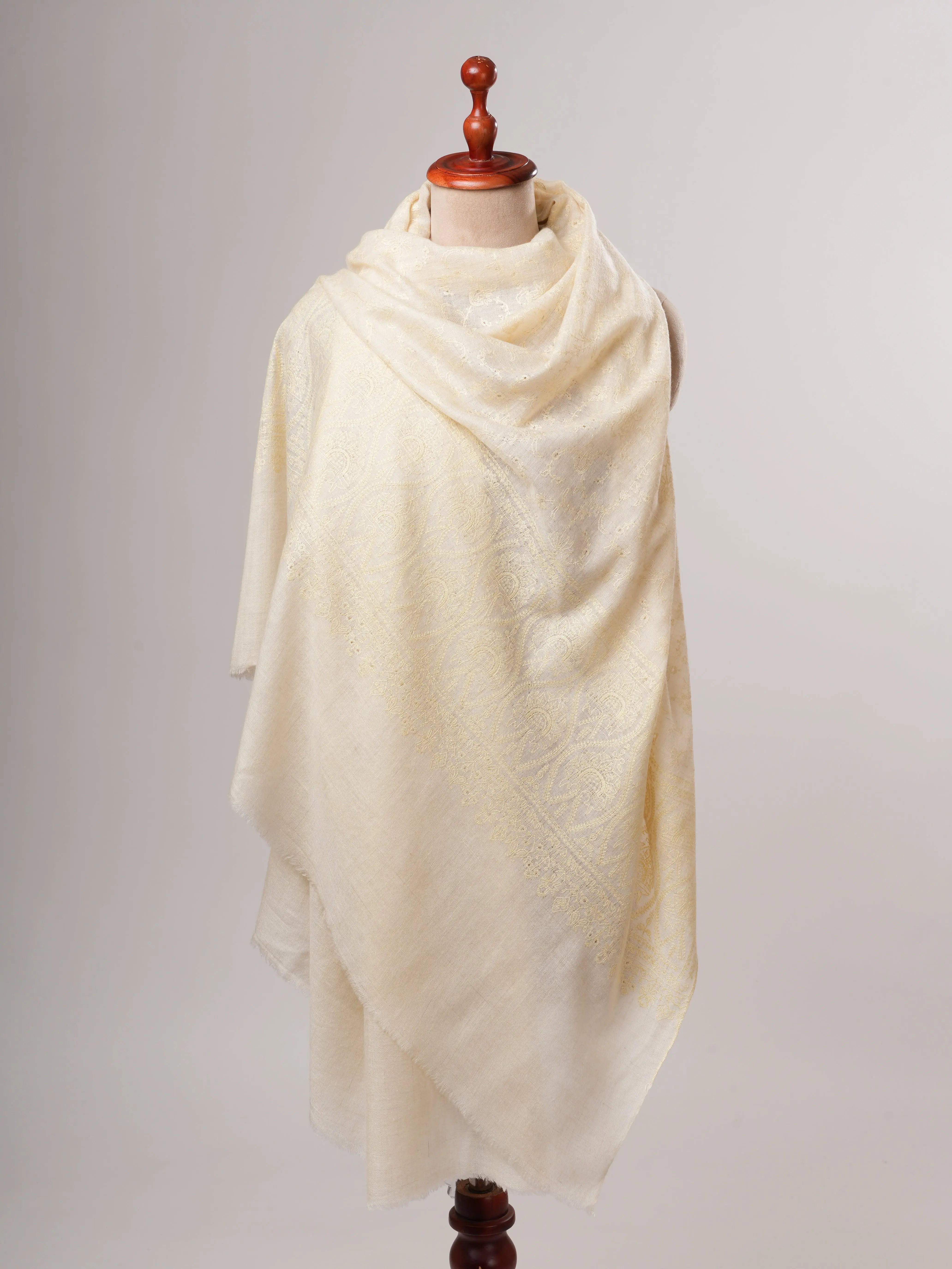 Natural Ivory Handwoven Shahkaar Pashmina Shawl with Fine Embroidery Shahkaar