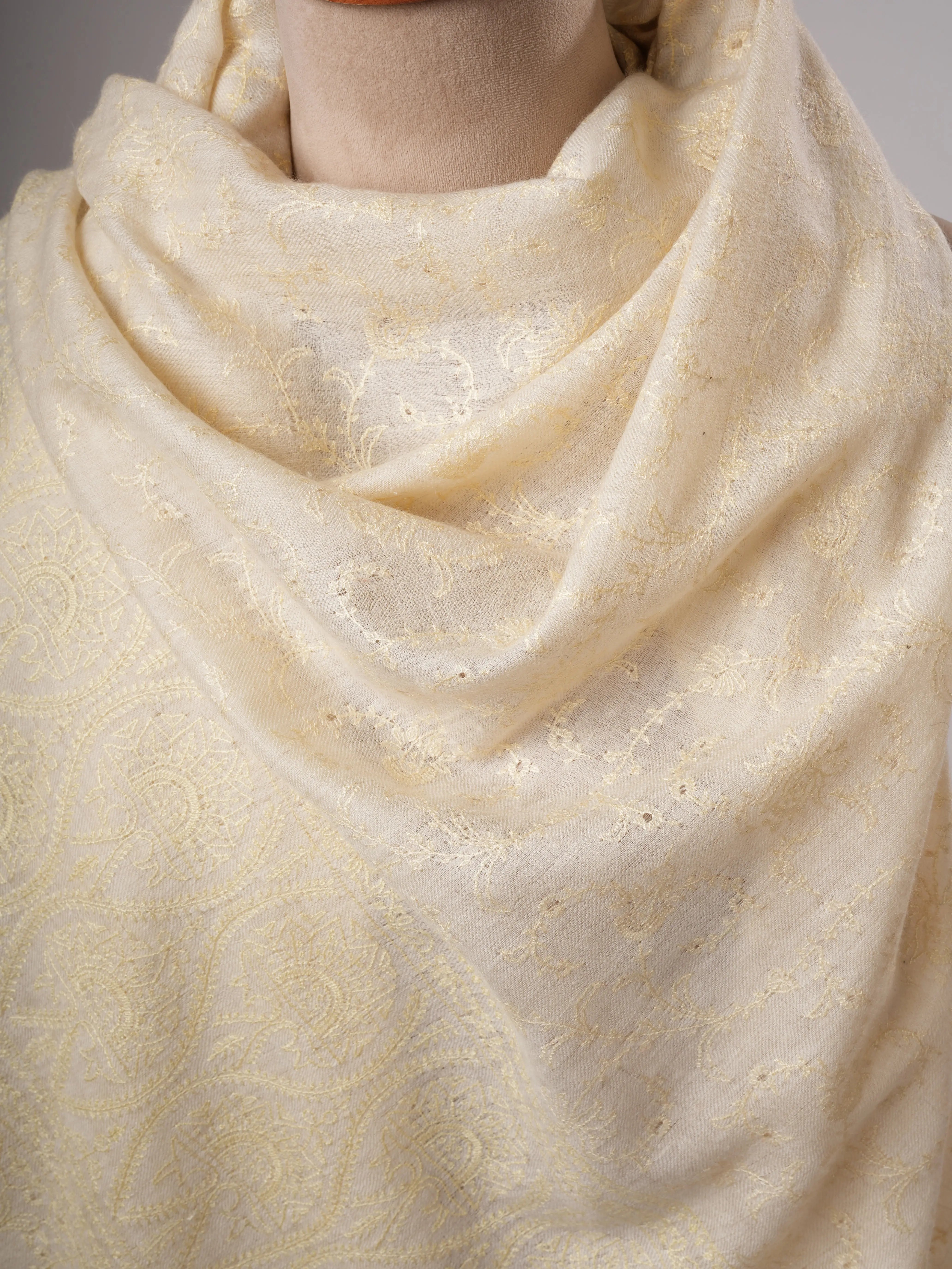 Natural Ivory Handwoven Shahkaar Pashmina Shawl with Fine Embroidery Shahkaar