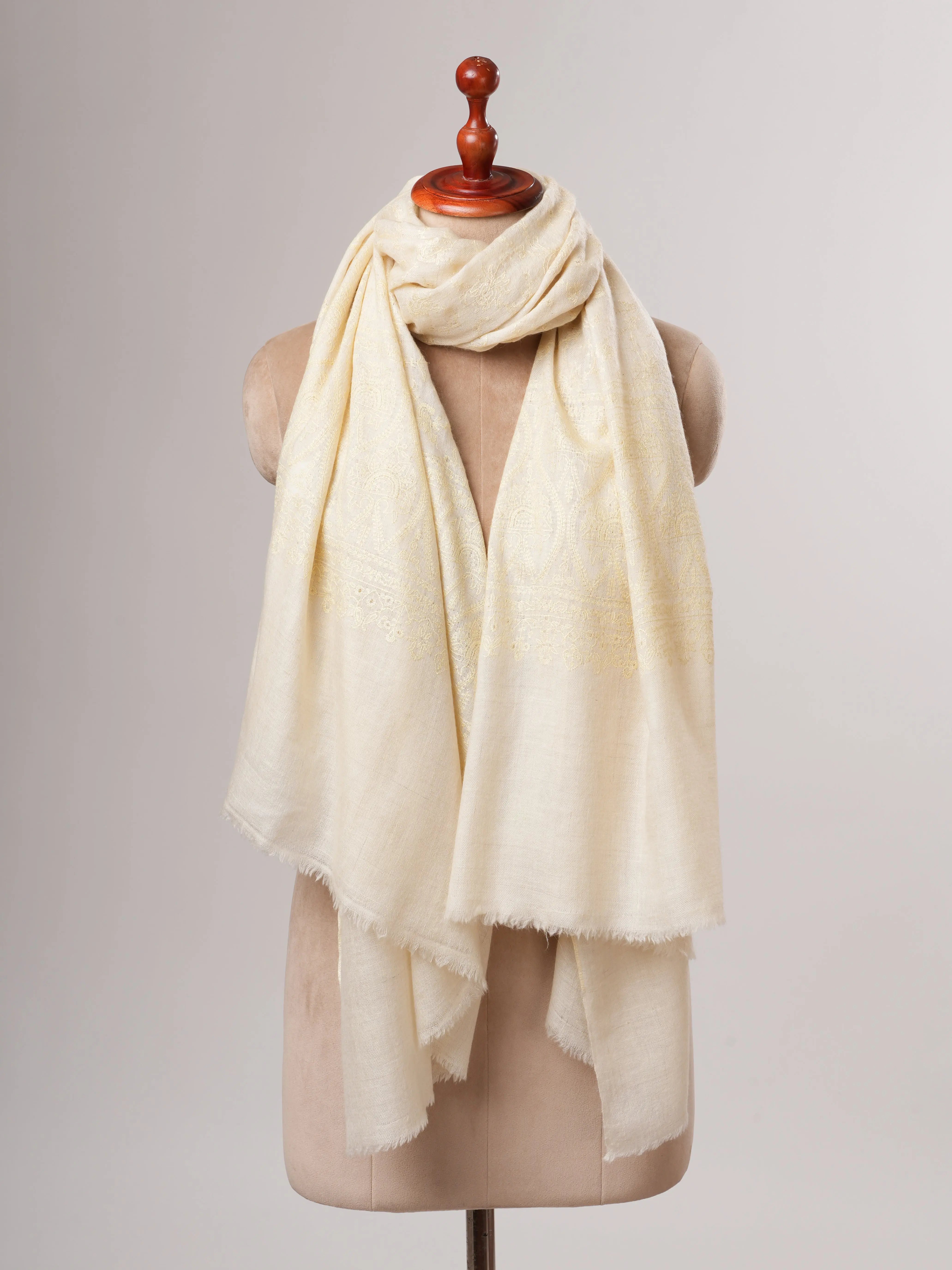 Natural Ivory Handwoven Shahkaar Pashmina Shawl with Fine Embroidery Shahkaar