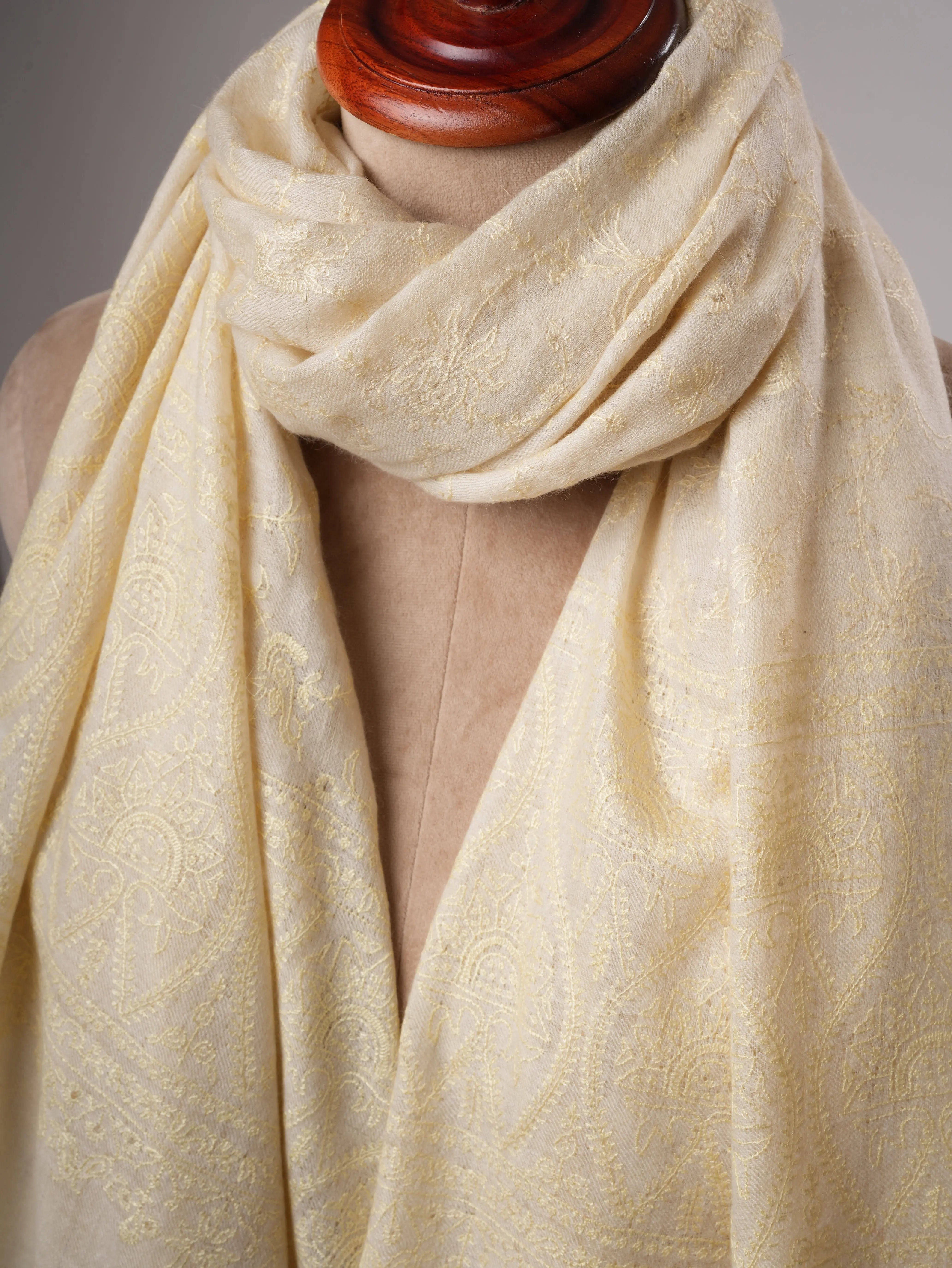 Natural Ivory Handwoven Shahkaar Pashmina Shawl with Fine Embroidery Shahkaar