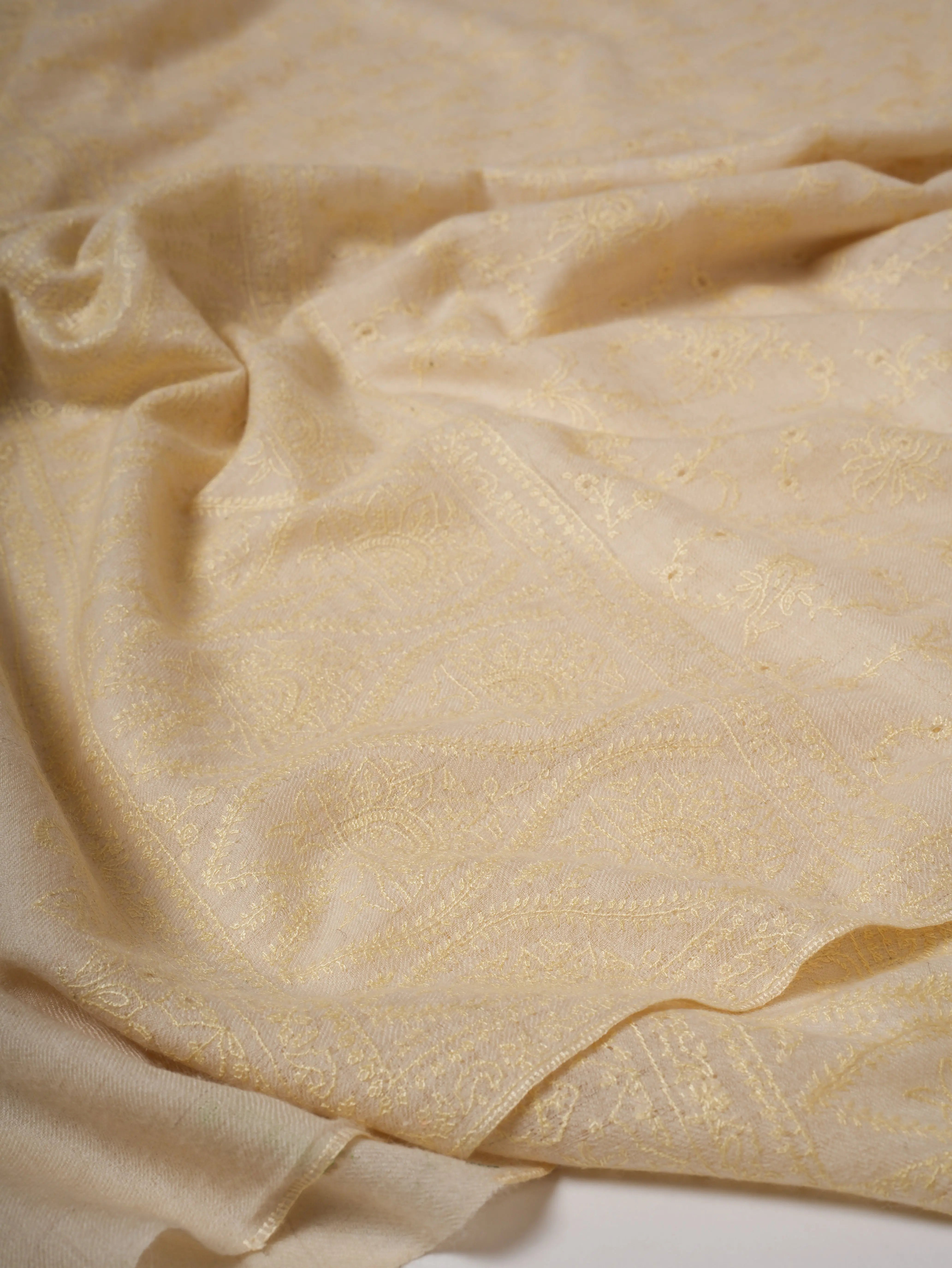 Natural Ivory Handwoven Shahkaar Pashmina Shawl with Fine Embroidery Shahkaar
