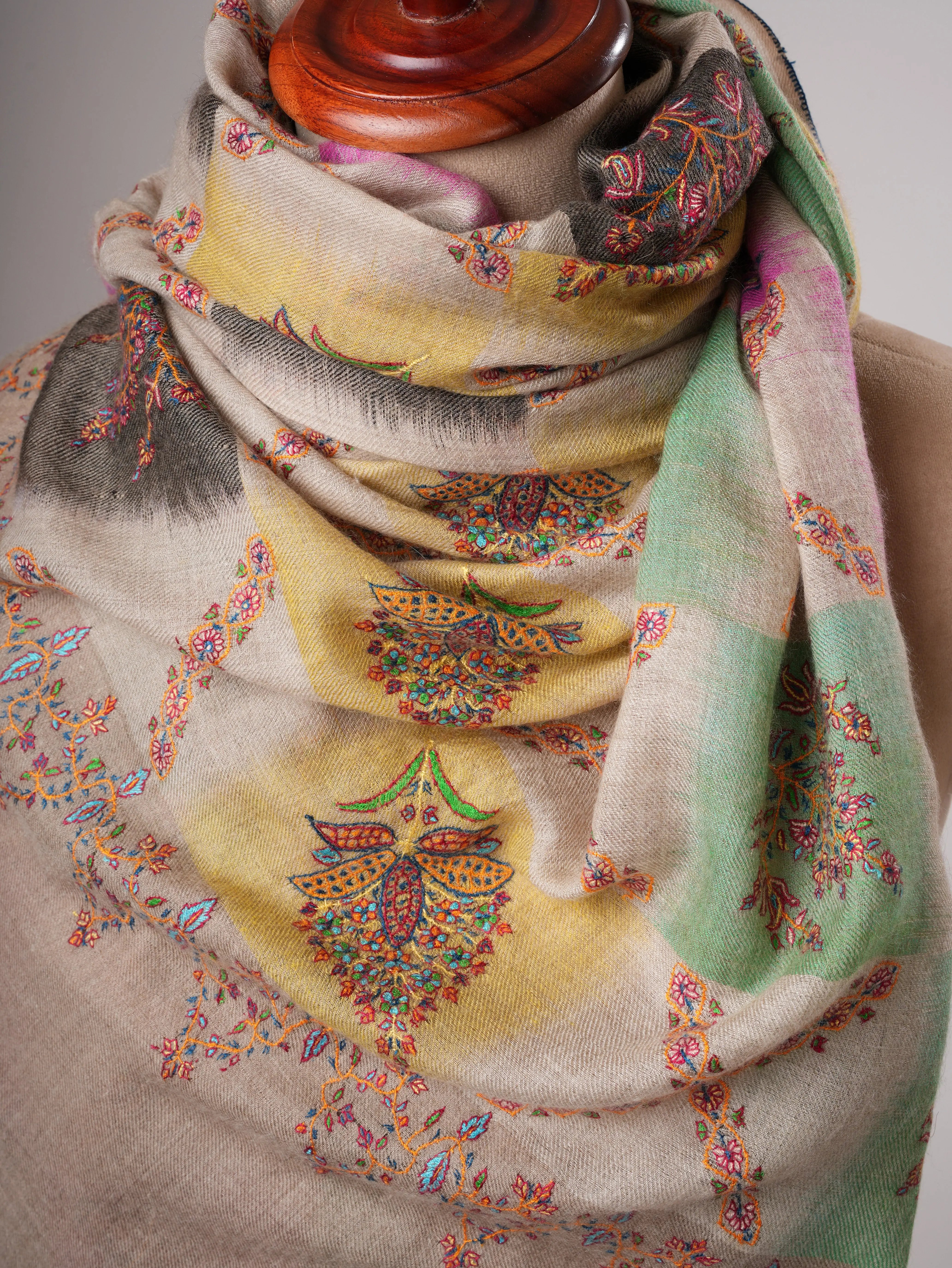 Handwoven Ikat Shahkaar Pashmina Shawl with Sozni Embroidery Shahkaar