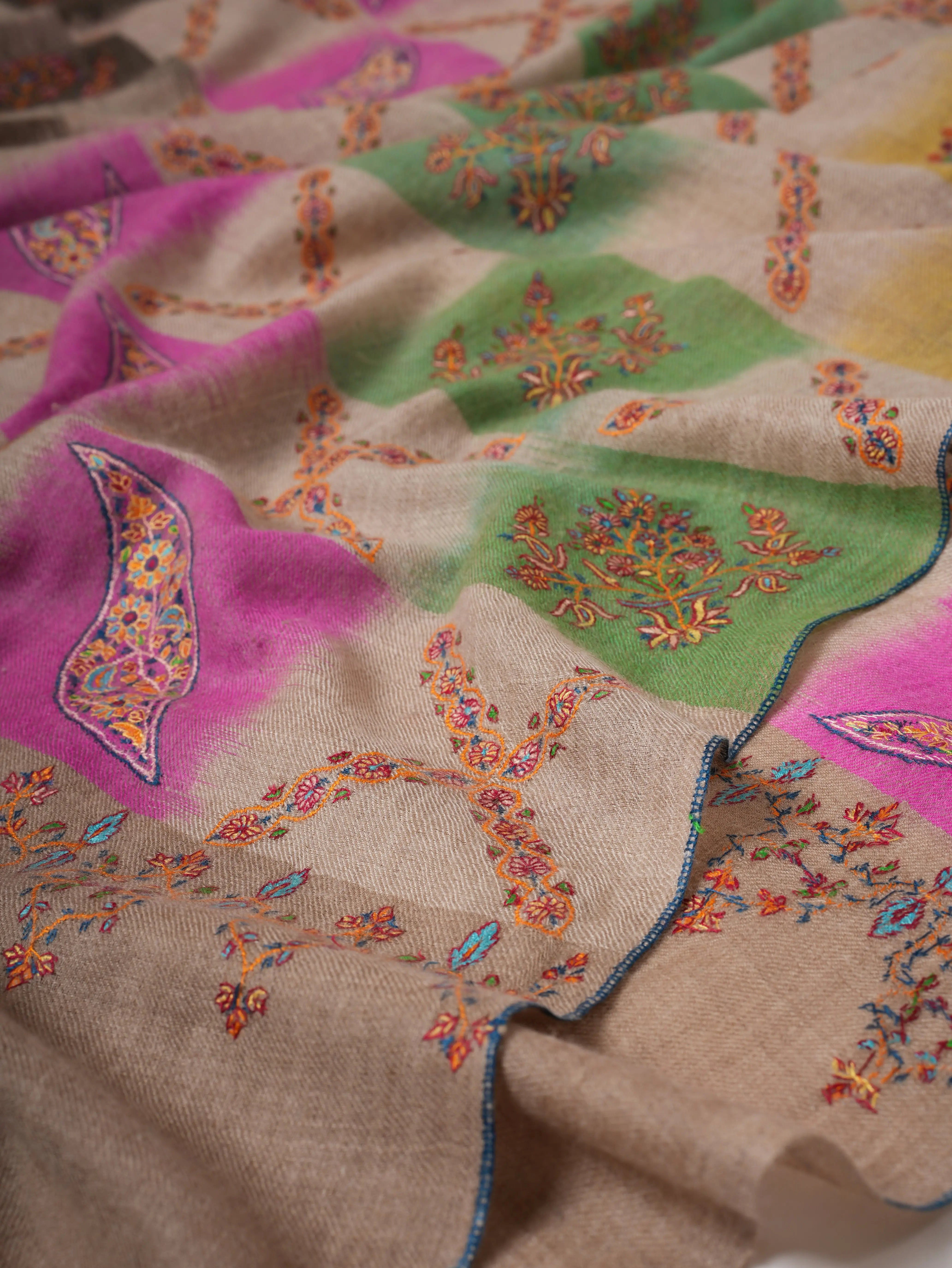 Handwoven Ikat Shahkaar Pashmina Shawl with Sozni Embroidery Shahkaar