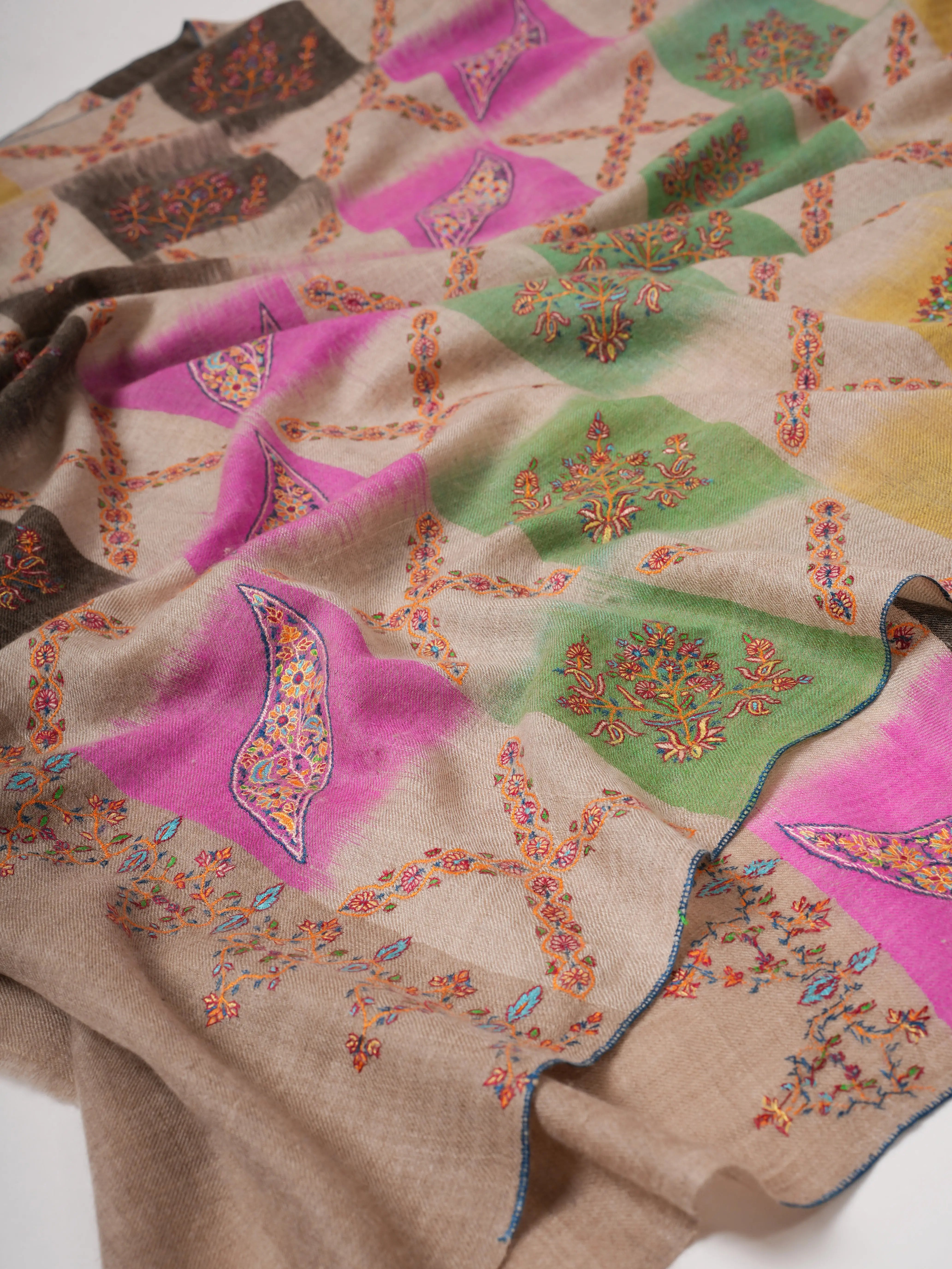 Handwoven Ikat Shahkaar Pashmina Shawl with Sozni Embroidery Shahkaar
