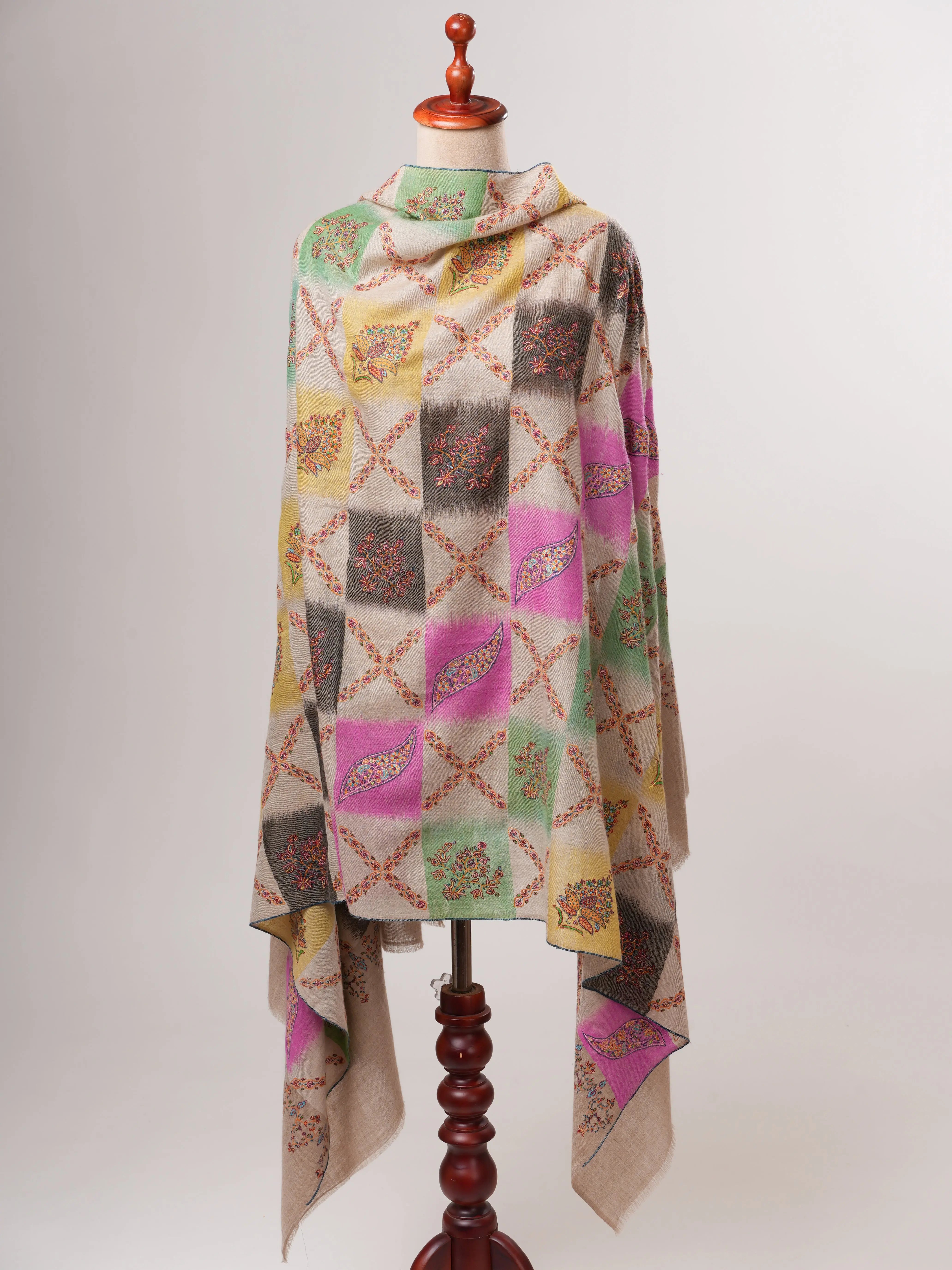 Handwoven Ikat Shahkaar Pashmina Shawl with Sozni Embroidery Shahkaar