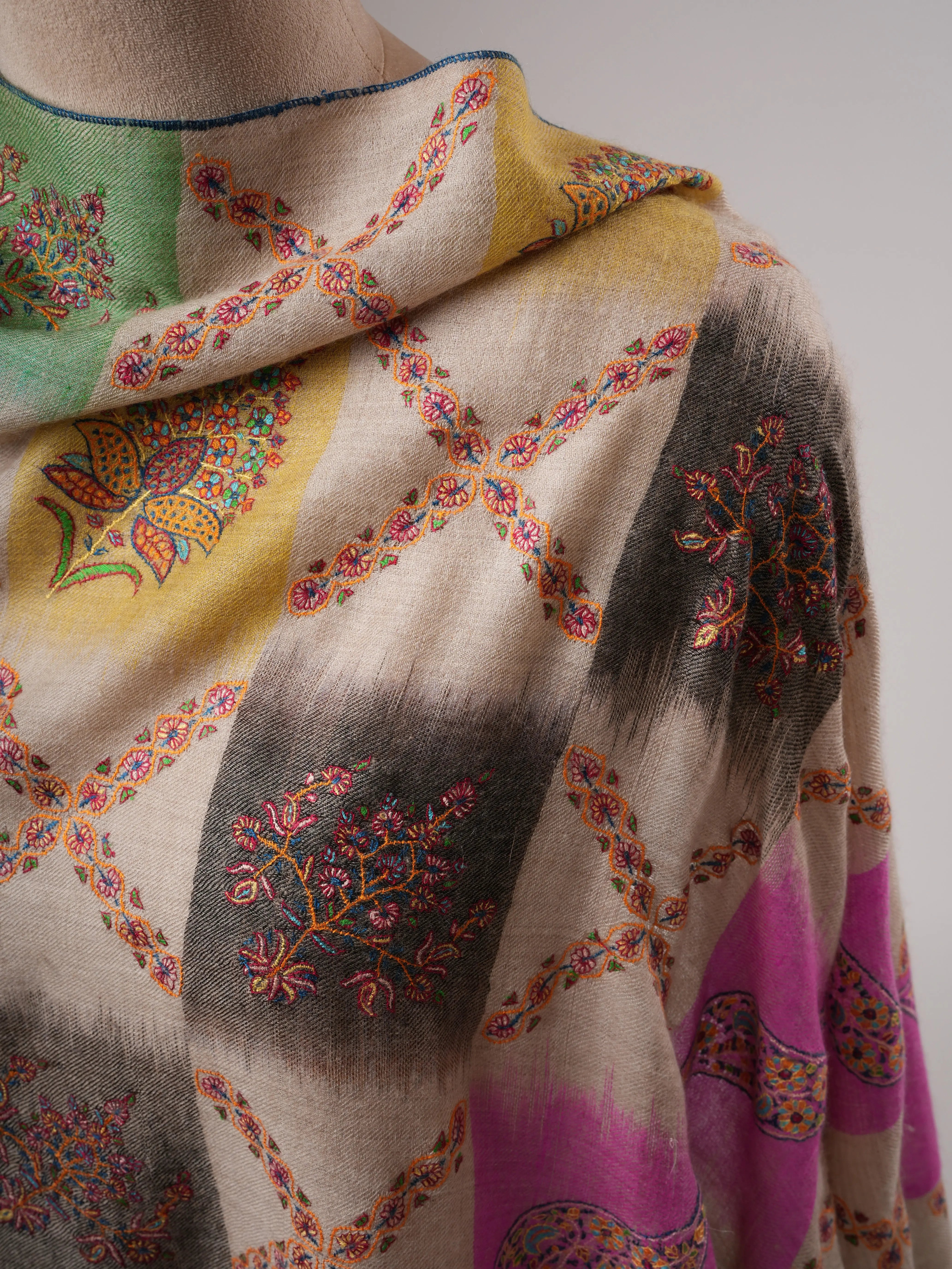 Handwoven Ikat Shahkaar Pashmina Shawl with Sozni Embroidery Shahkaar