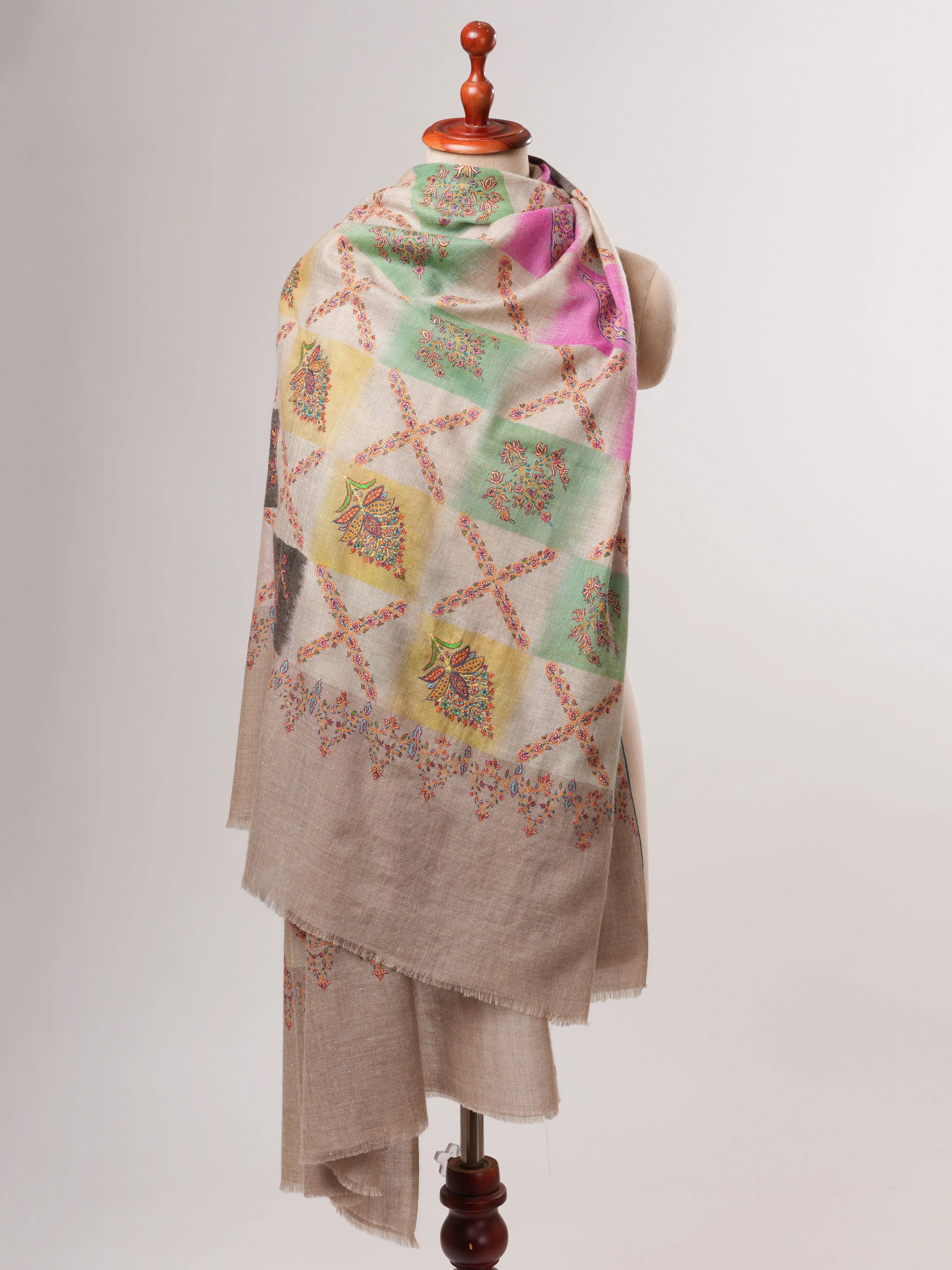 Handwoven Ikat Shahkaar Pashmina Shawl with Sozni Embroidery Shahkaar