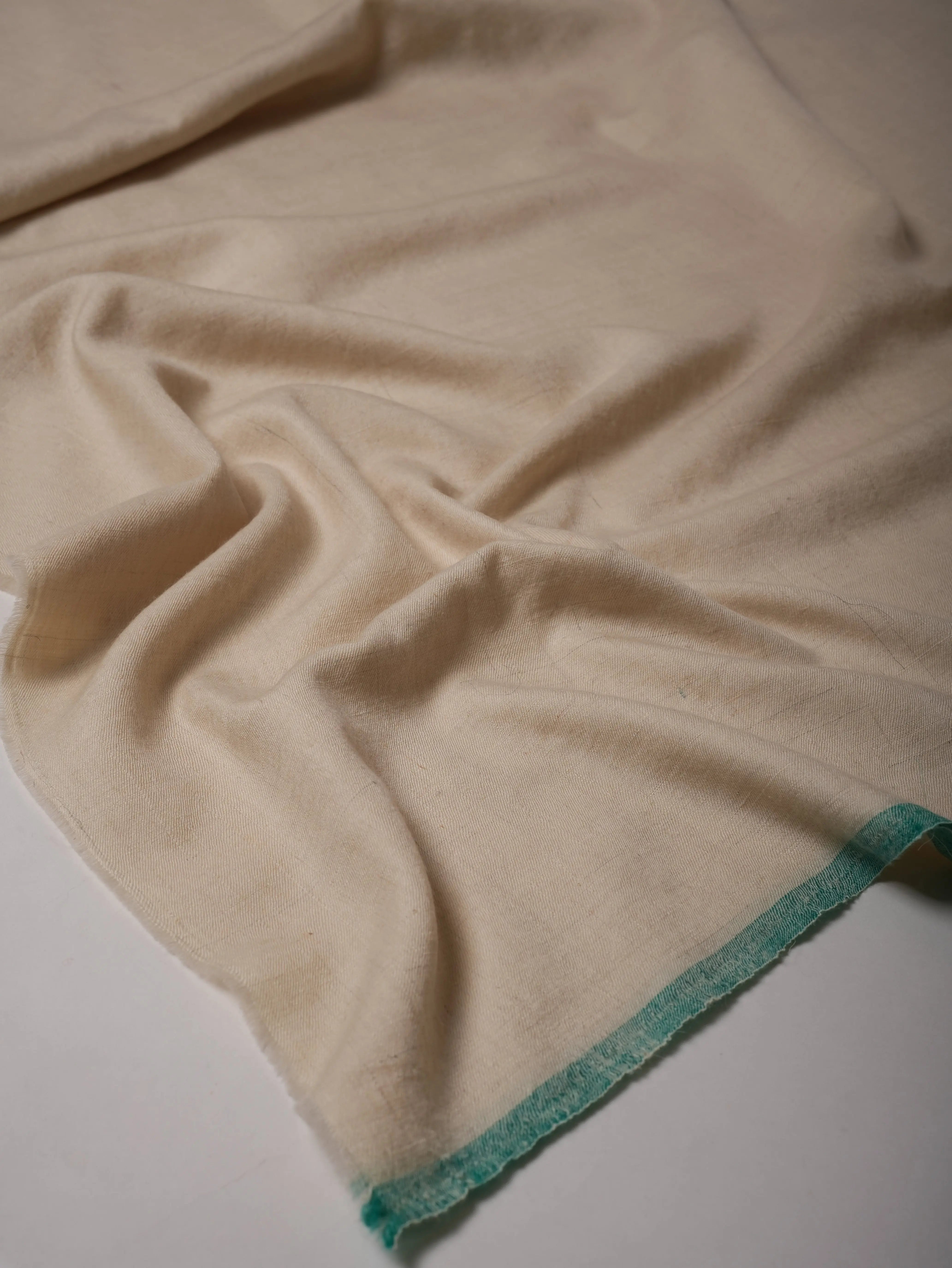 Handwoven Off White Pashmina Shawl with Soft Green Ends Shahkaar