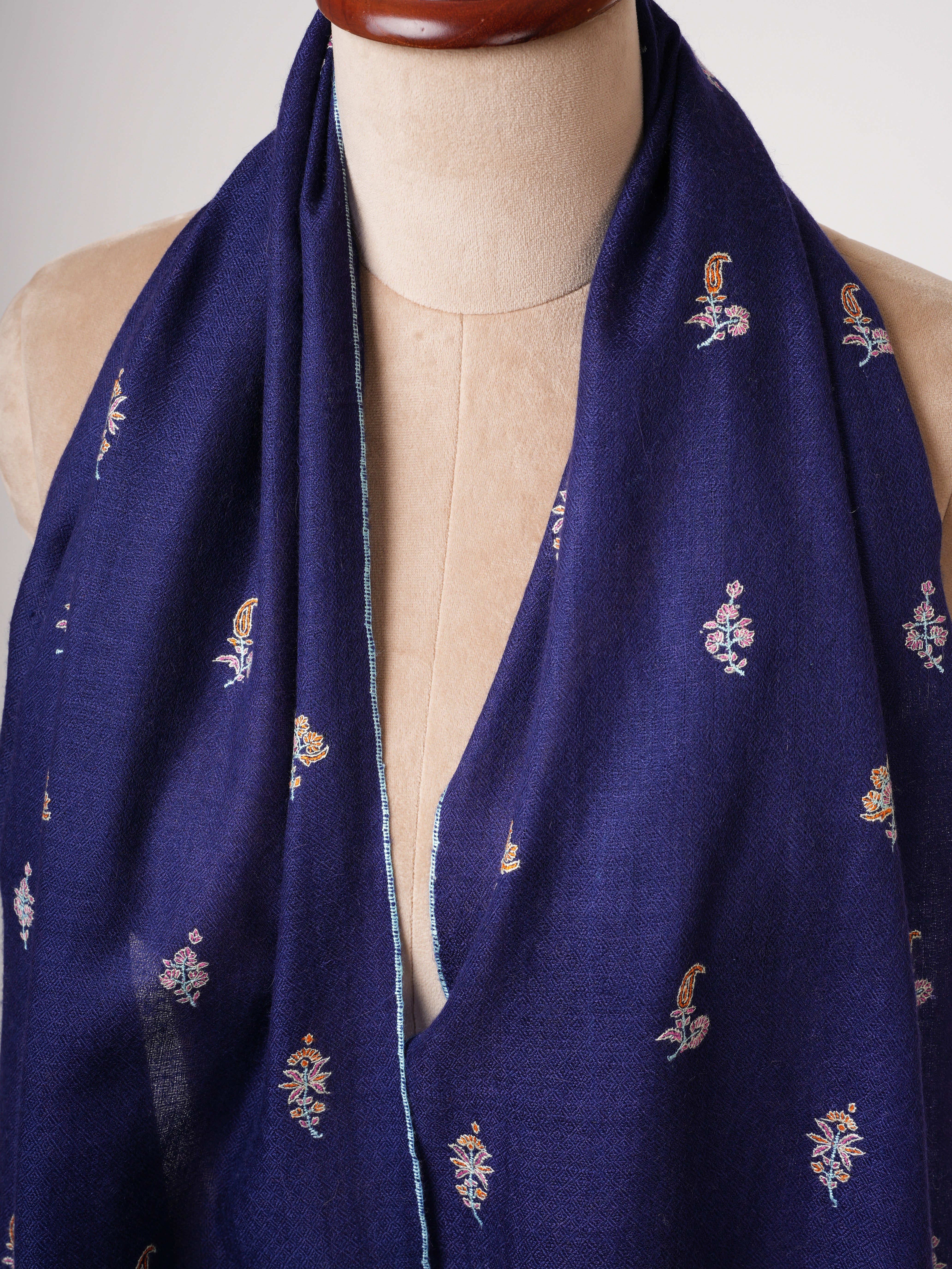 Dark Blue Pure Cashmere Scarf with Buteh Hand Embroidery – Baby Soft Luxury