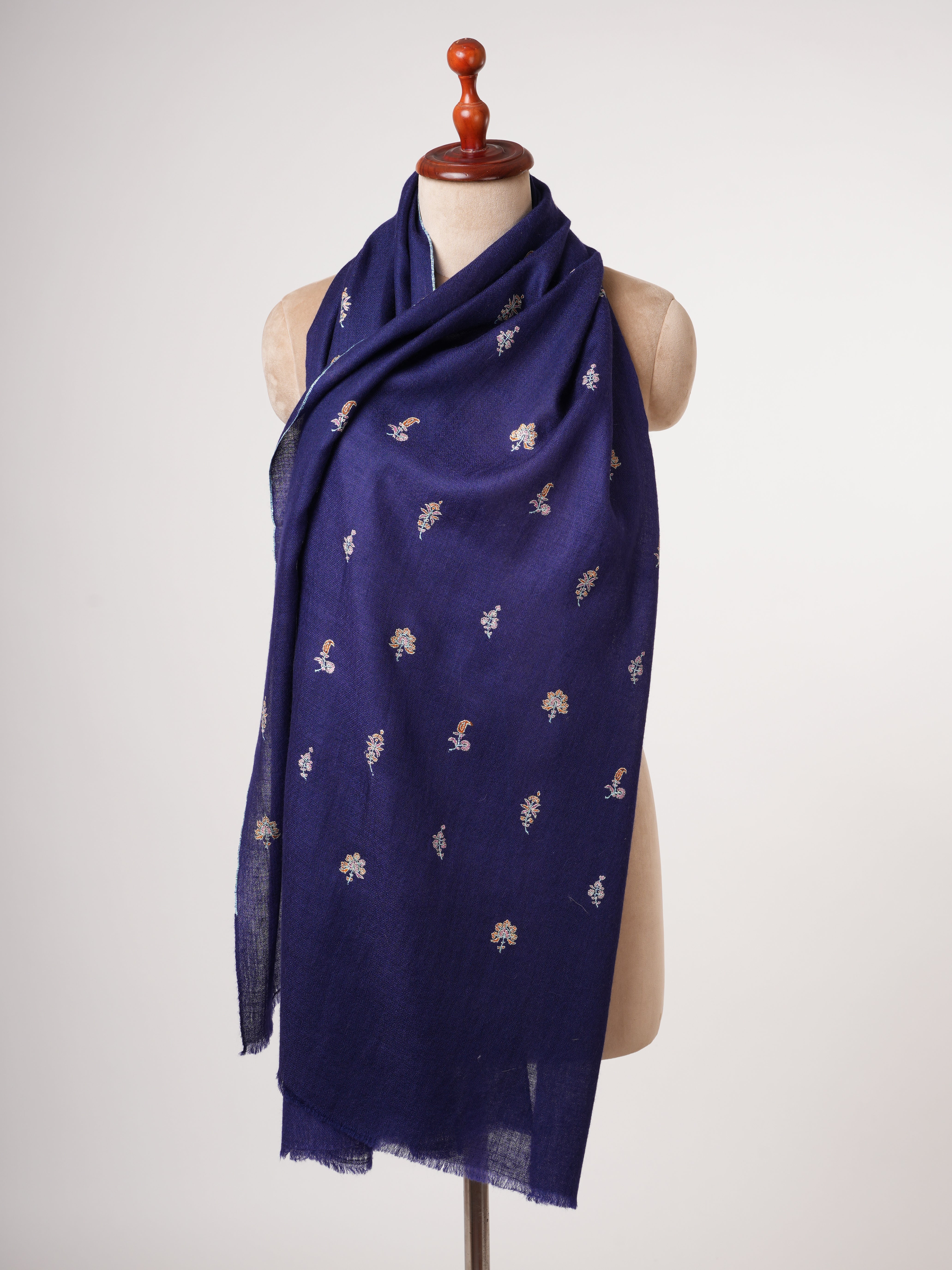 Dark Blue Pure Cashmere Scarf with Buteh Hand Embroidery – Baby Soft Luxury