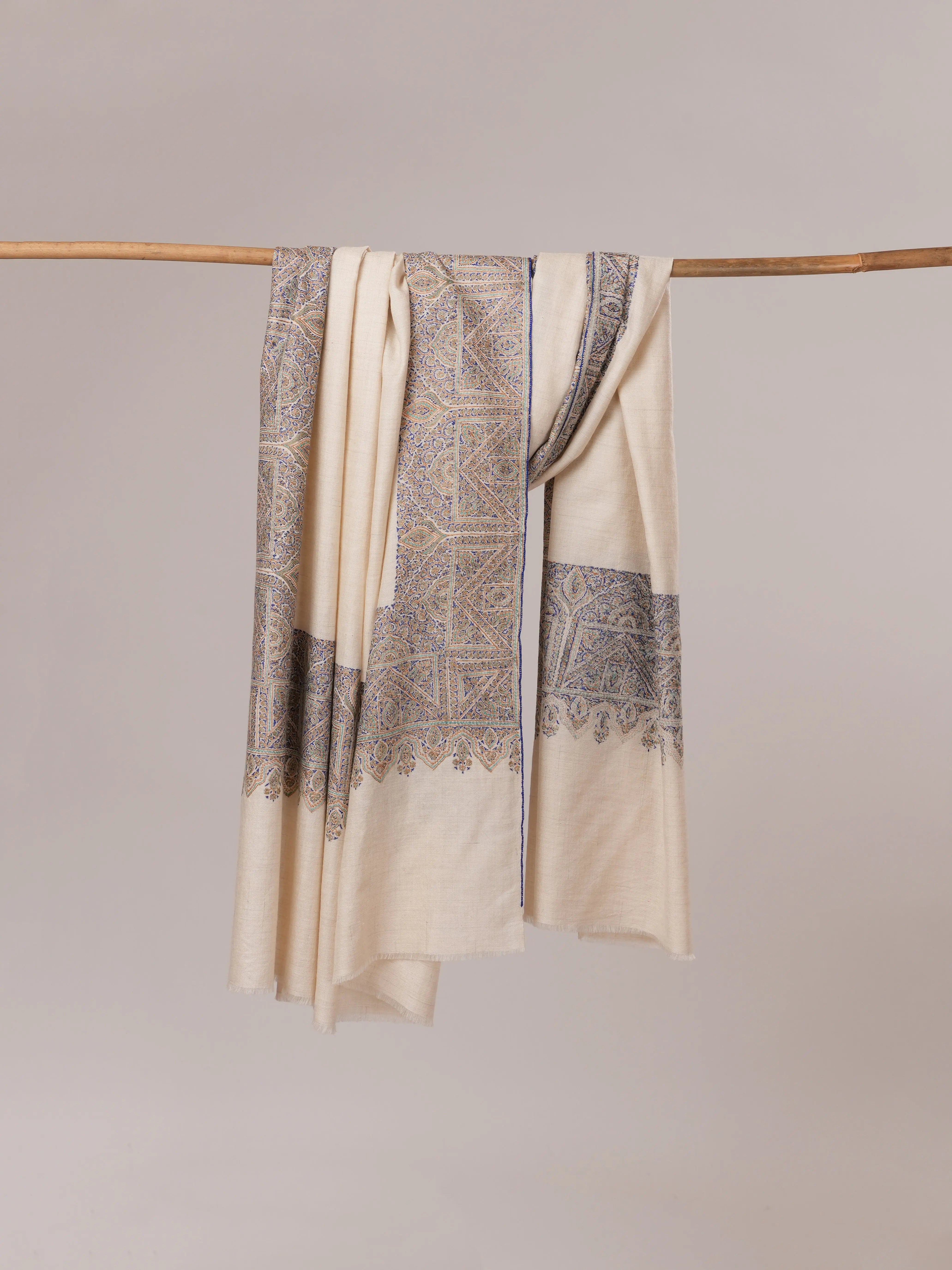 Ivory Kalandaur Pure Pashmina Shawl with Detailed Hand Embroidery Shahkaar.com