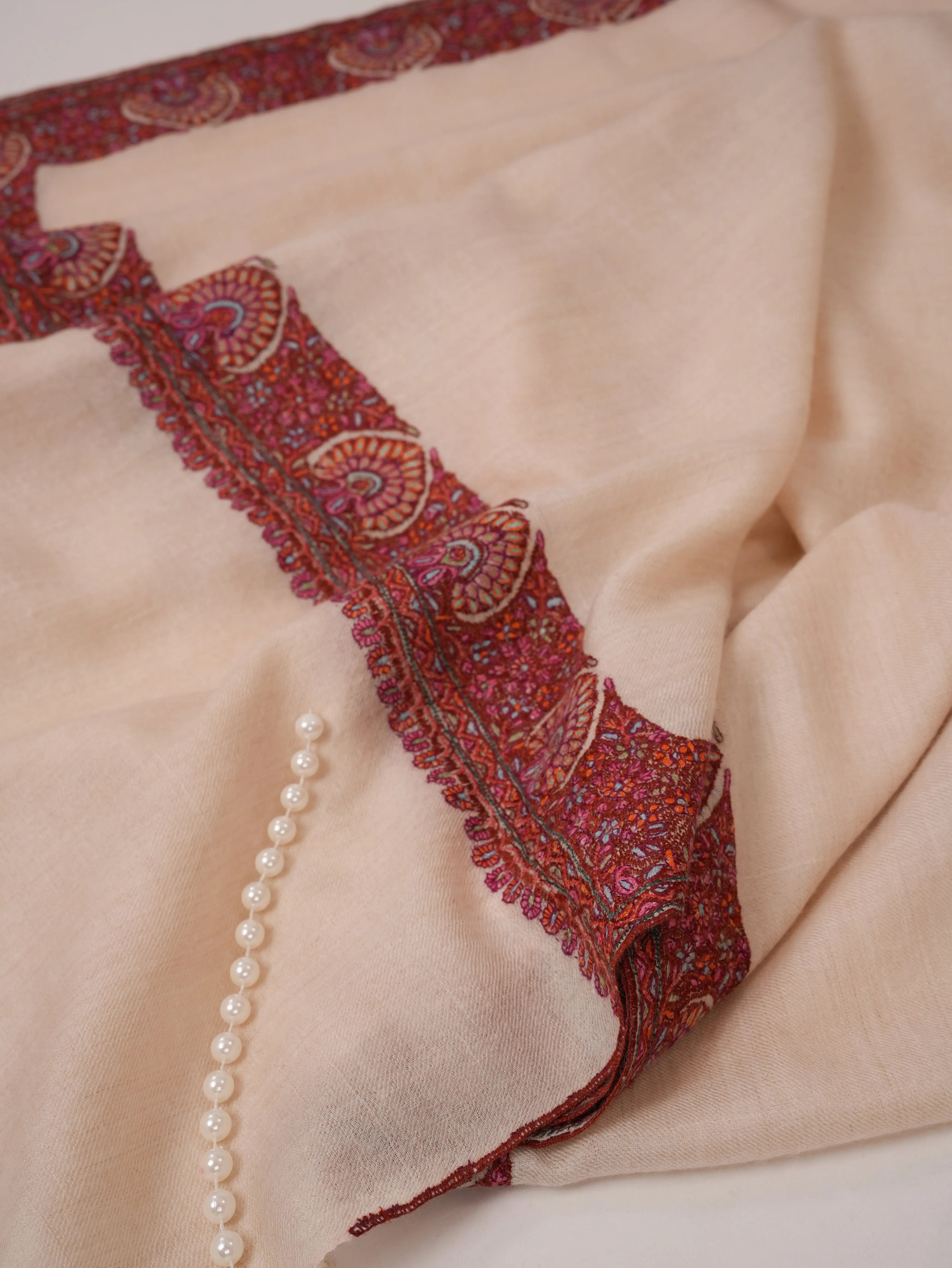 White Neemdaur Hand Embroidered Pure Soft Pashmina Shawl Shahkaar.com