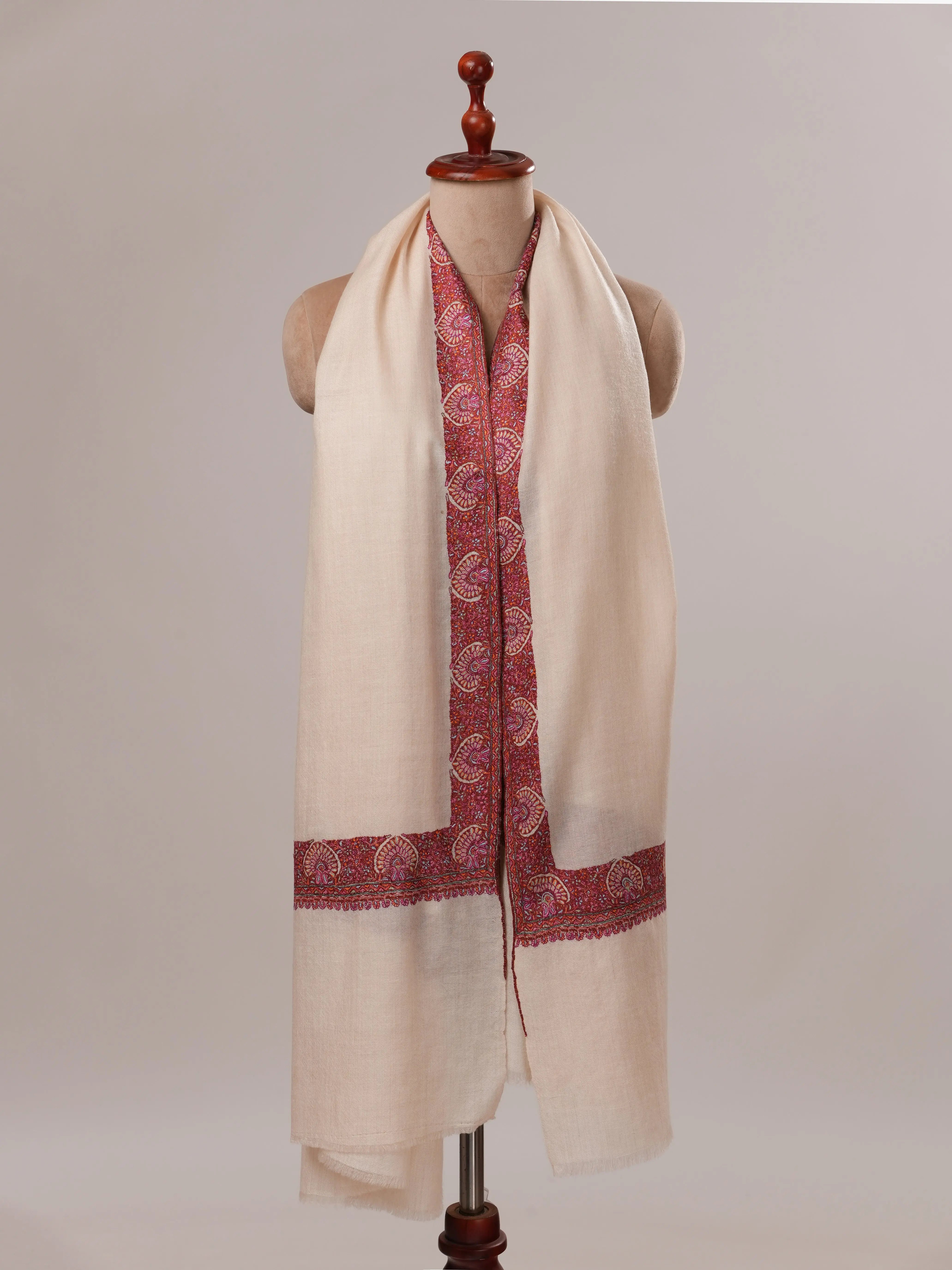 White Neemdaur Hand Embroidered Pure Soft Pashmina Shawl Shahkaar.com