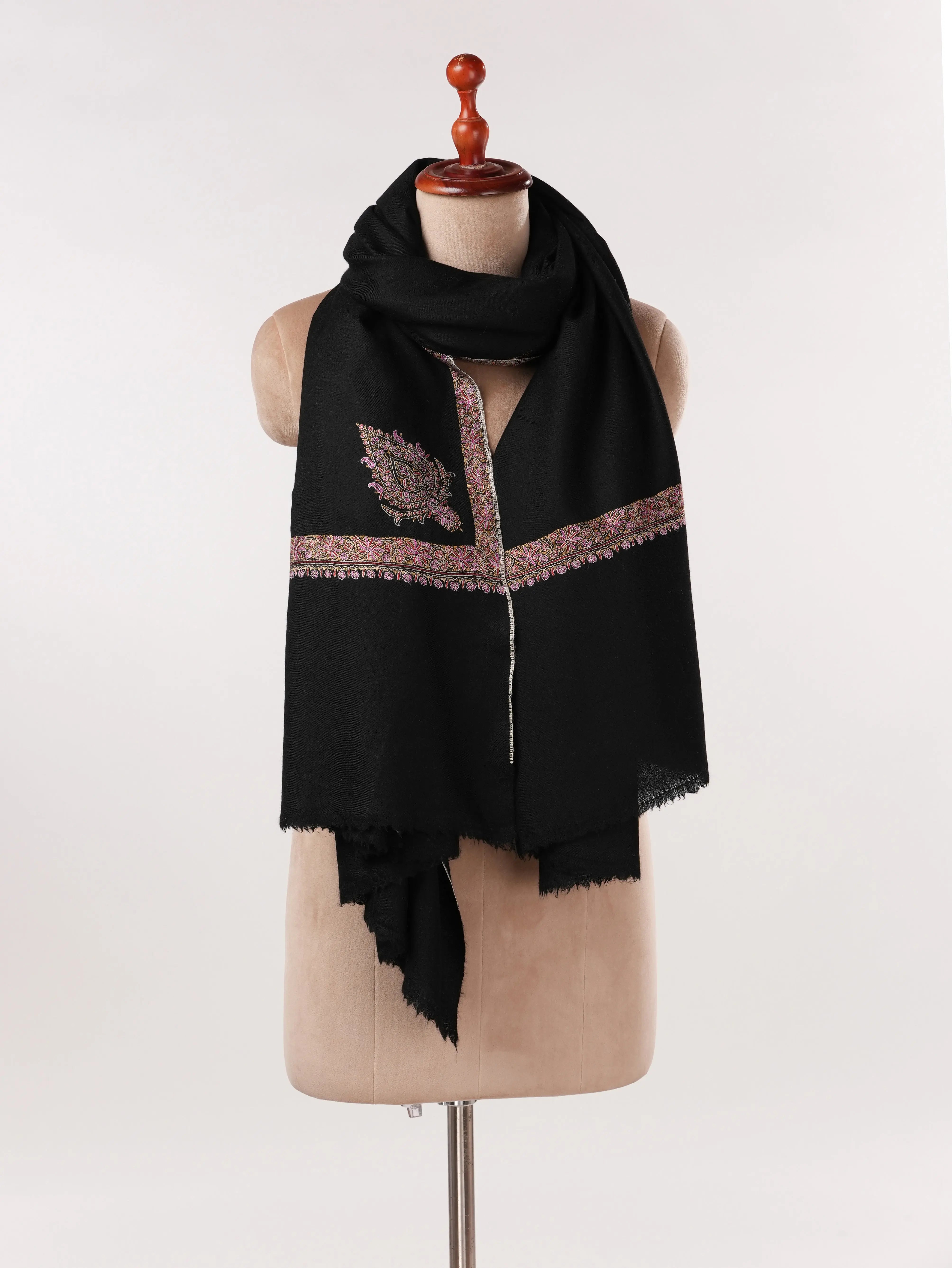 Black Handwoven Kashmiri Pashmina Shawl with Hashia Hand Embroidery Shahkaar.com