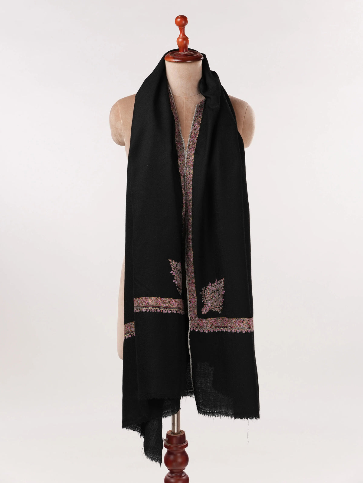Black Handwoven Kashmiri Pashmina Shawl with Hashia Hand Embroidery Shahkaar.com