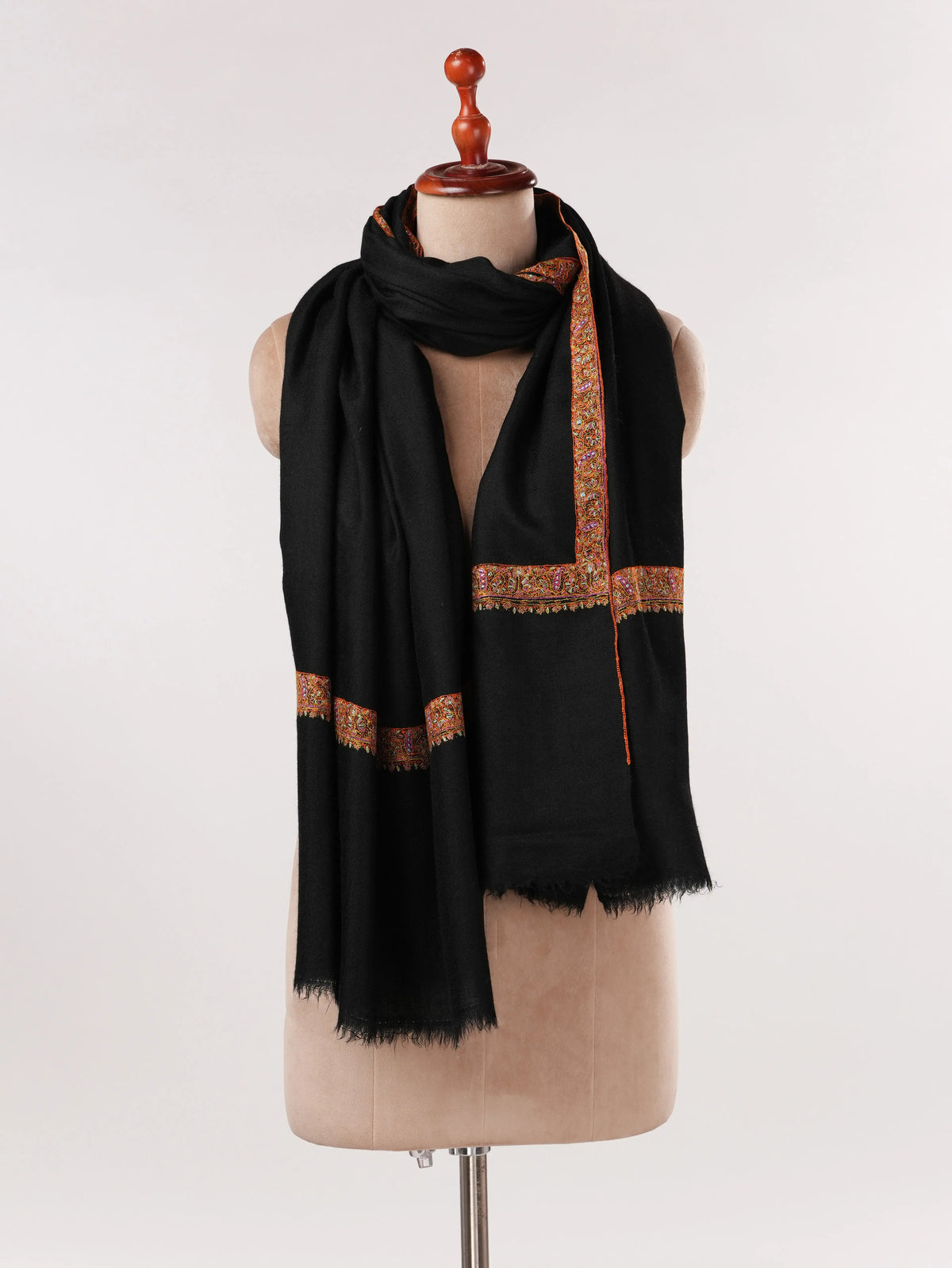 Black Authentic Pashmina Shawl with Hashia Hand Embroidery Shahkaar.com