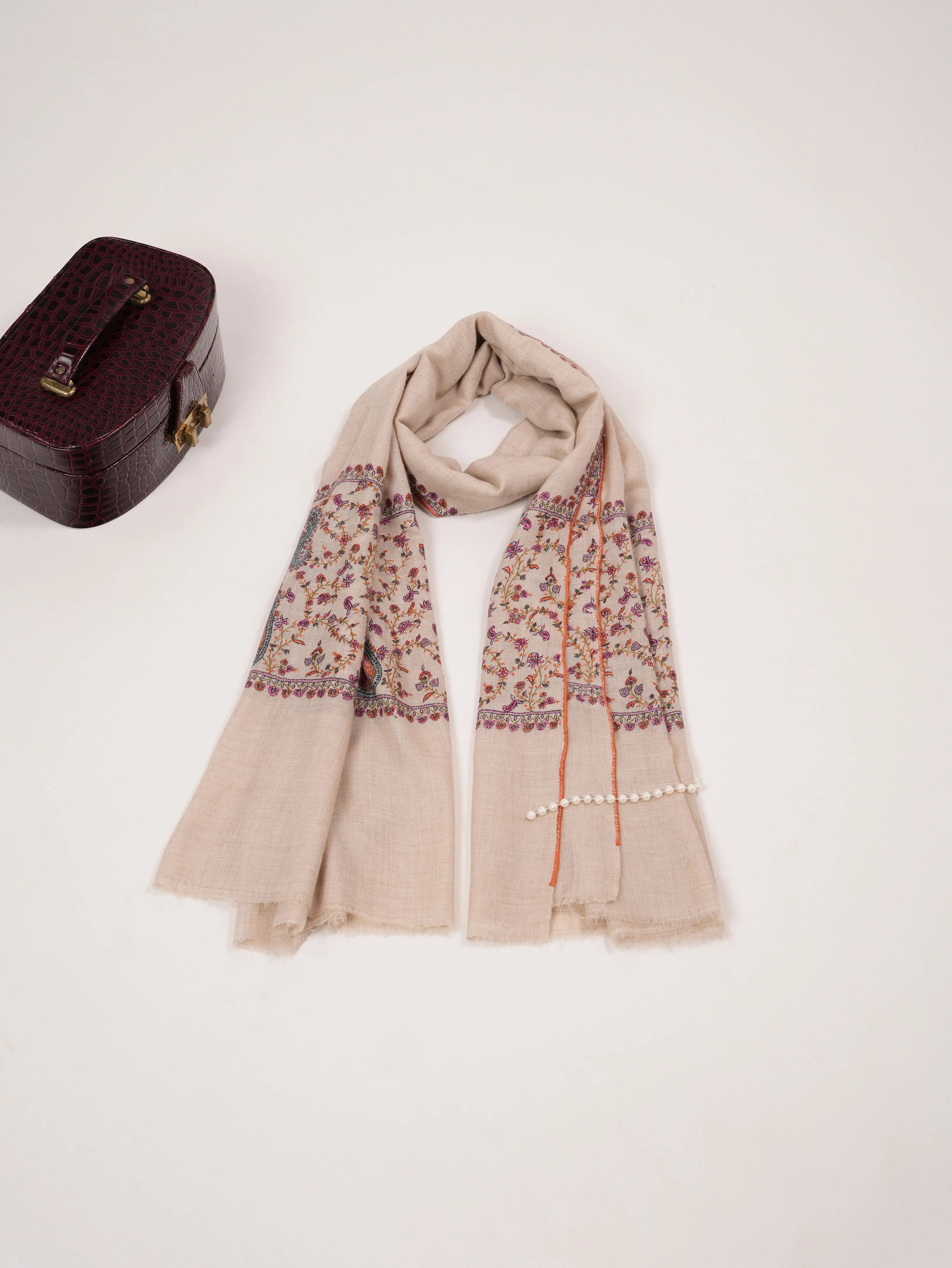 Natural White Pure Pashmina Shawl with Sozni Palldar Embroidery Shahkaar.com