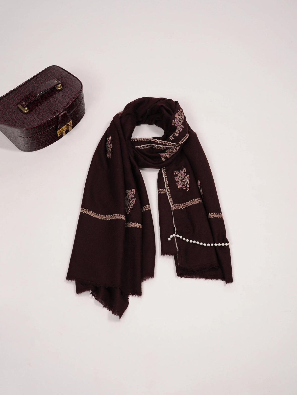Handwoven Dark Brown Pashmina Shawl with Buteh Embroidery Shahkaar.com