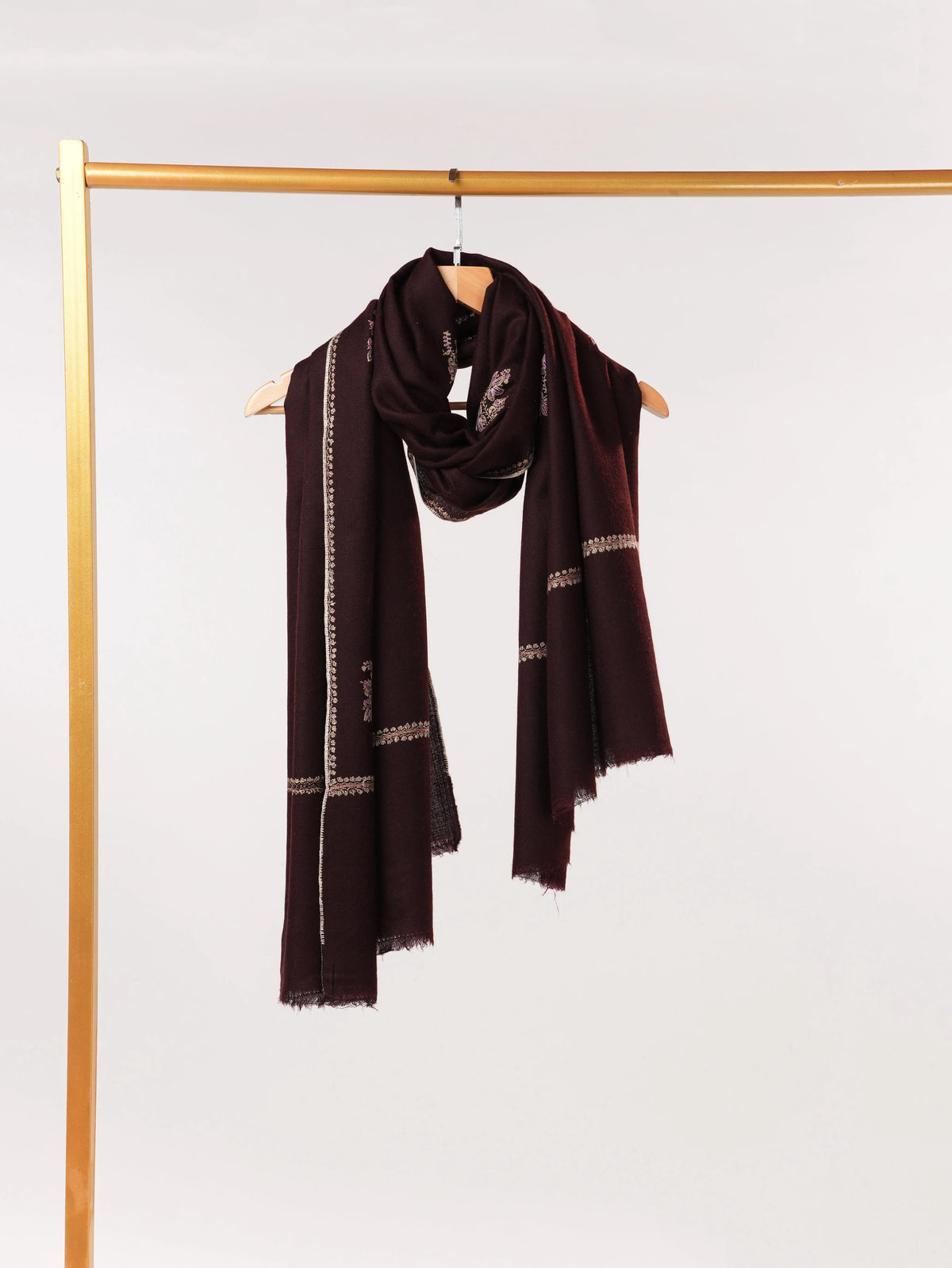 Handwoven Dark Brown Pashmina Shawl with Buteh Embroidery Shahkaar.com