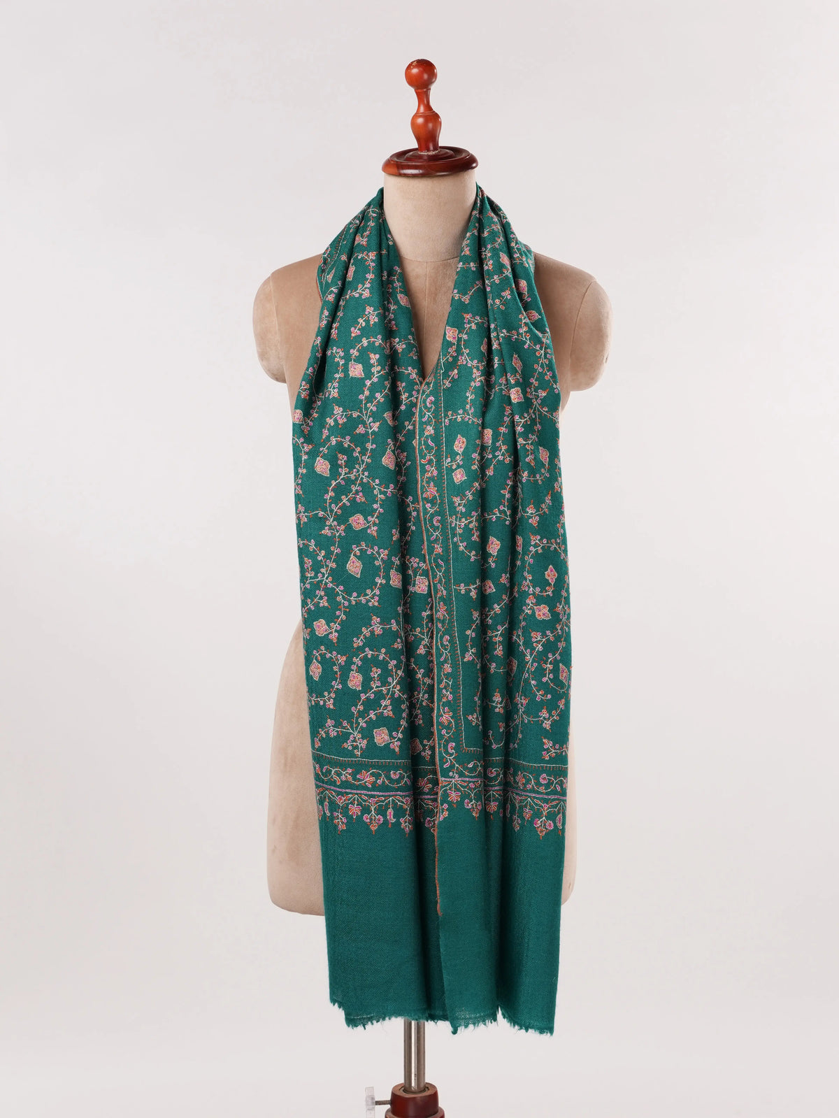 Kashmiri Turquoise Hand Embroidered Pure Forest Green Cashmere Scarf Shahkaar.com