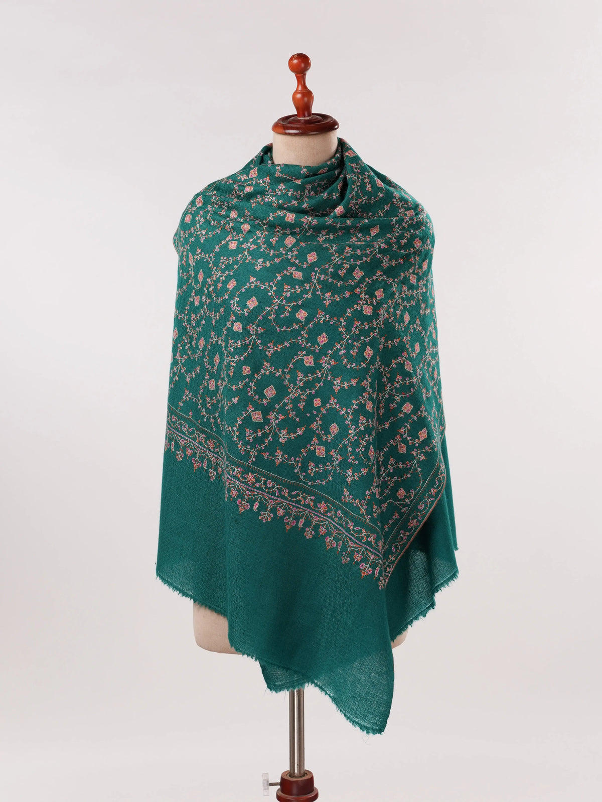 Kashmiri Turquoise Hand Embroidered Pure Forest Green Cashmere Scarf Shahkaar.com